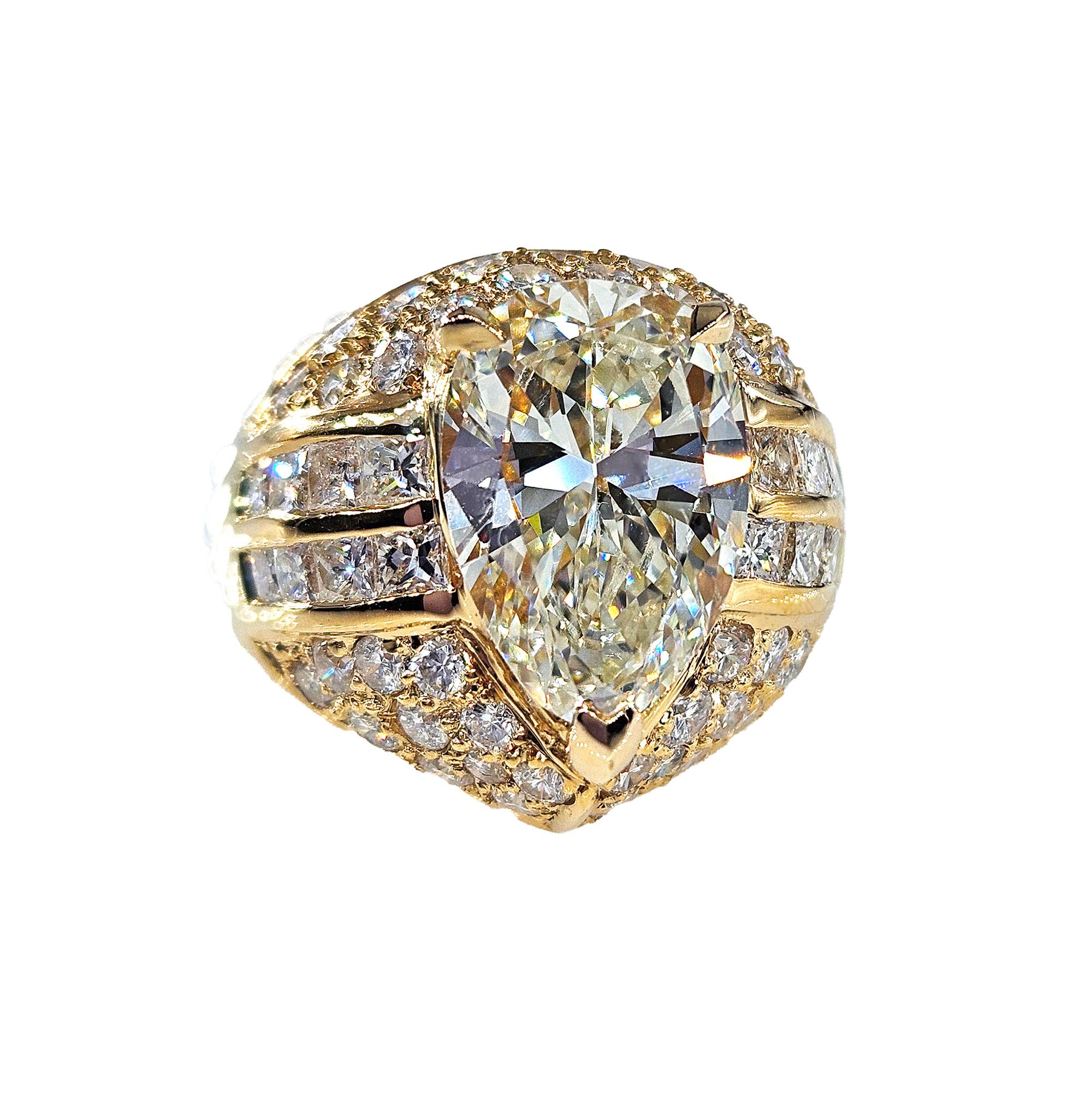Women's GIA 6.50ct Vintage Pear Diamond Engagement Wedding 18k Yellow Gold Ring For Sale
