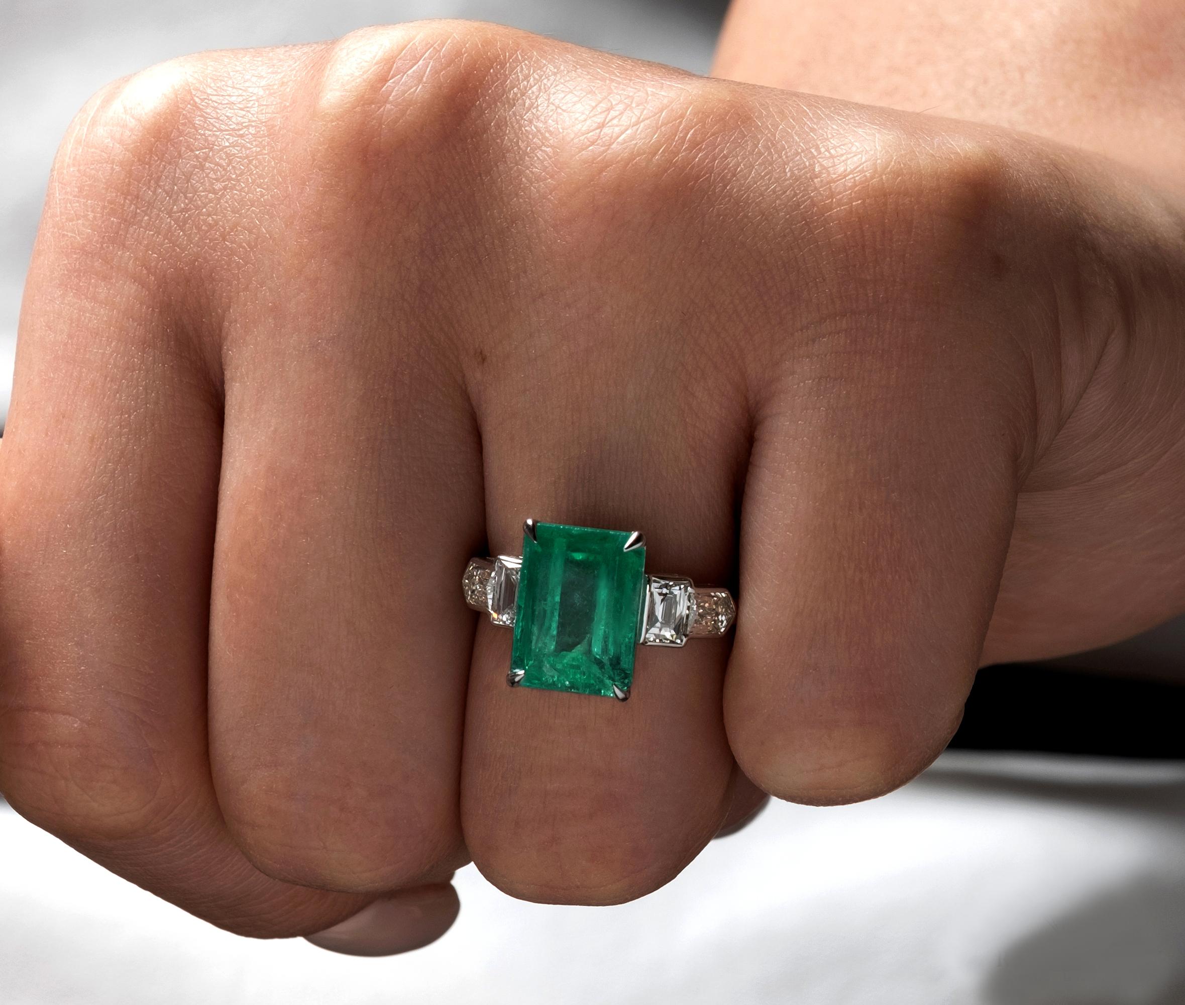 GIA 6.54ct Colombian Green Emerald Diamond Anniversary Engagement Platinum Ring 6