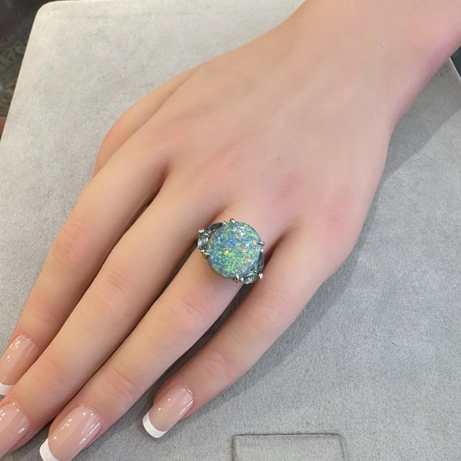 Oval Cut GIA 6.55 carat Black Opal and Aquamarine Ring in Platinum For Sale