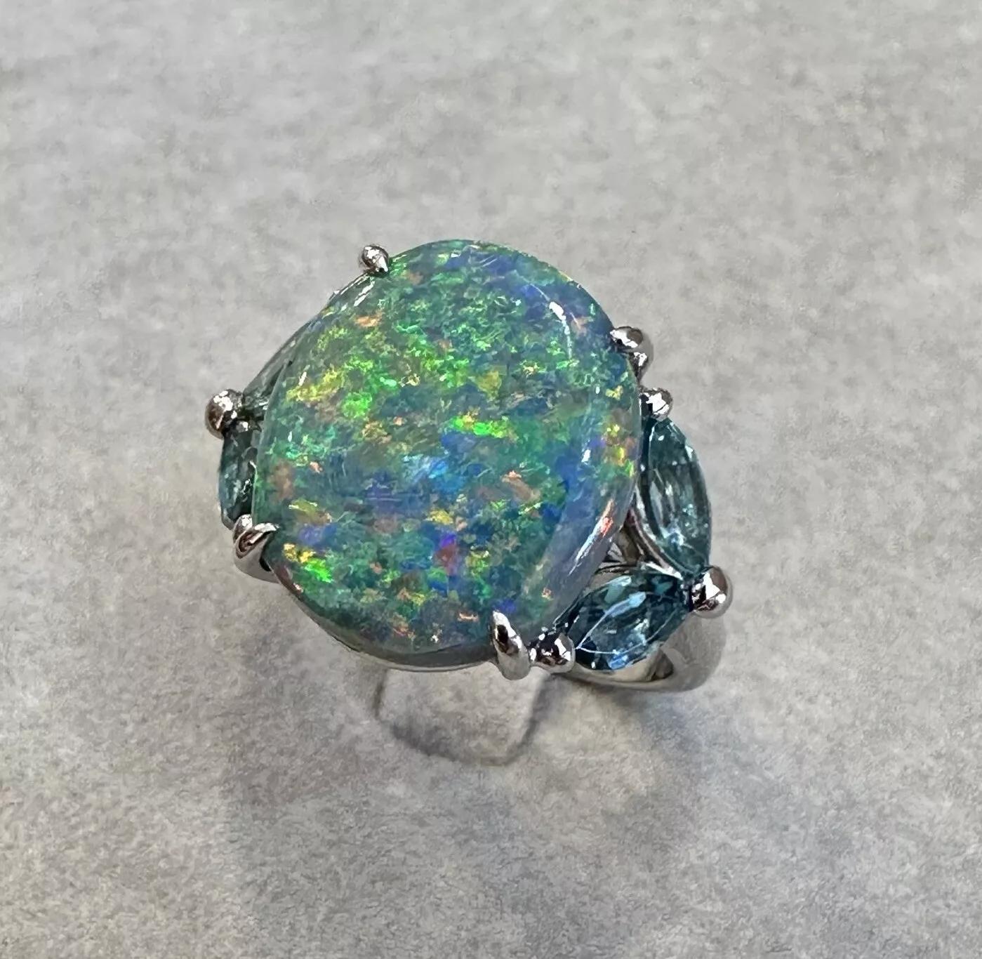 GIA 6.55 carat Black Opal and Aquamarine Ring in Platinum In Excellent Condition For Sale In La Jolla, CA