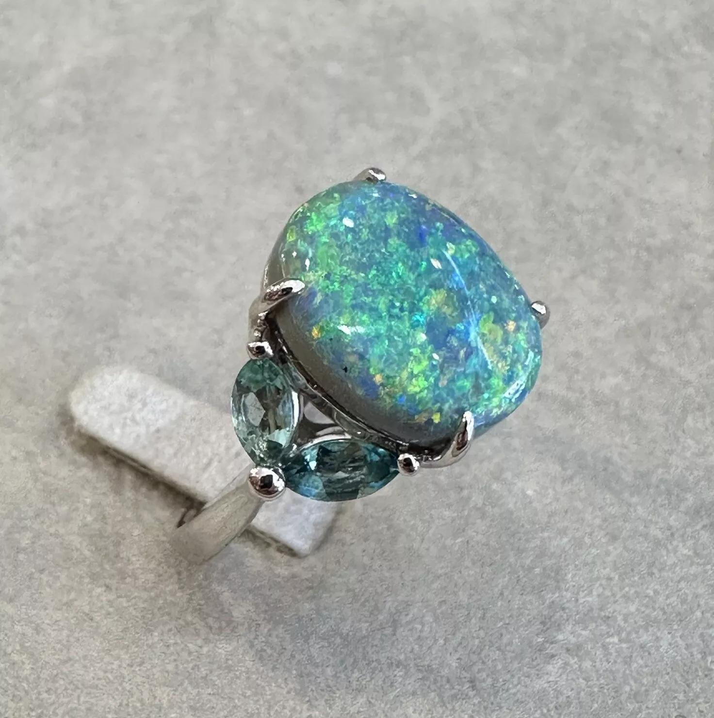 Women's GIA 6.55 carat Black Opal and Aquamarine Ring in Platinum For Sale