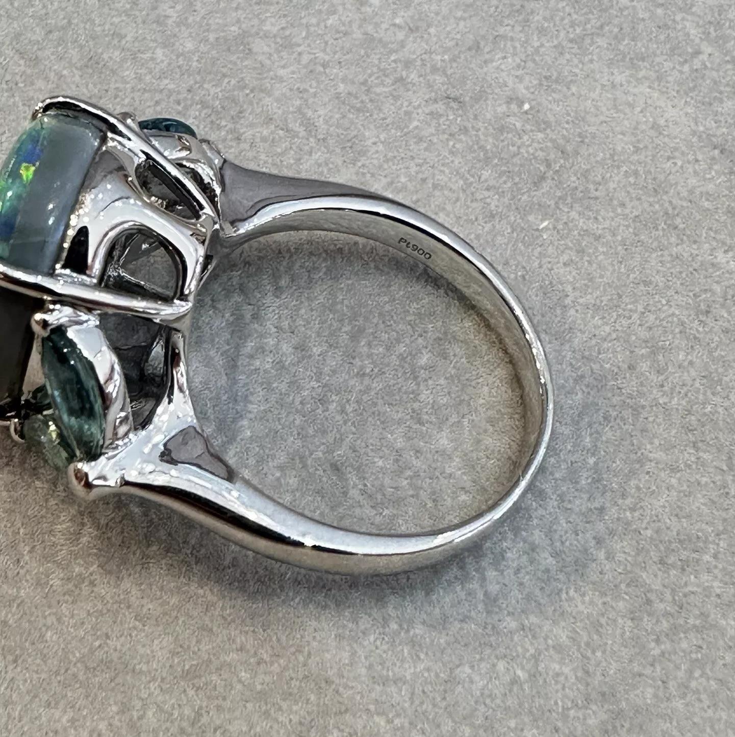 GIA 6.55 carat Black Opal and Aquamarine Ring in Platinum For Sale 2