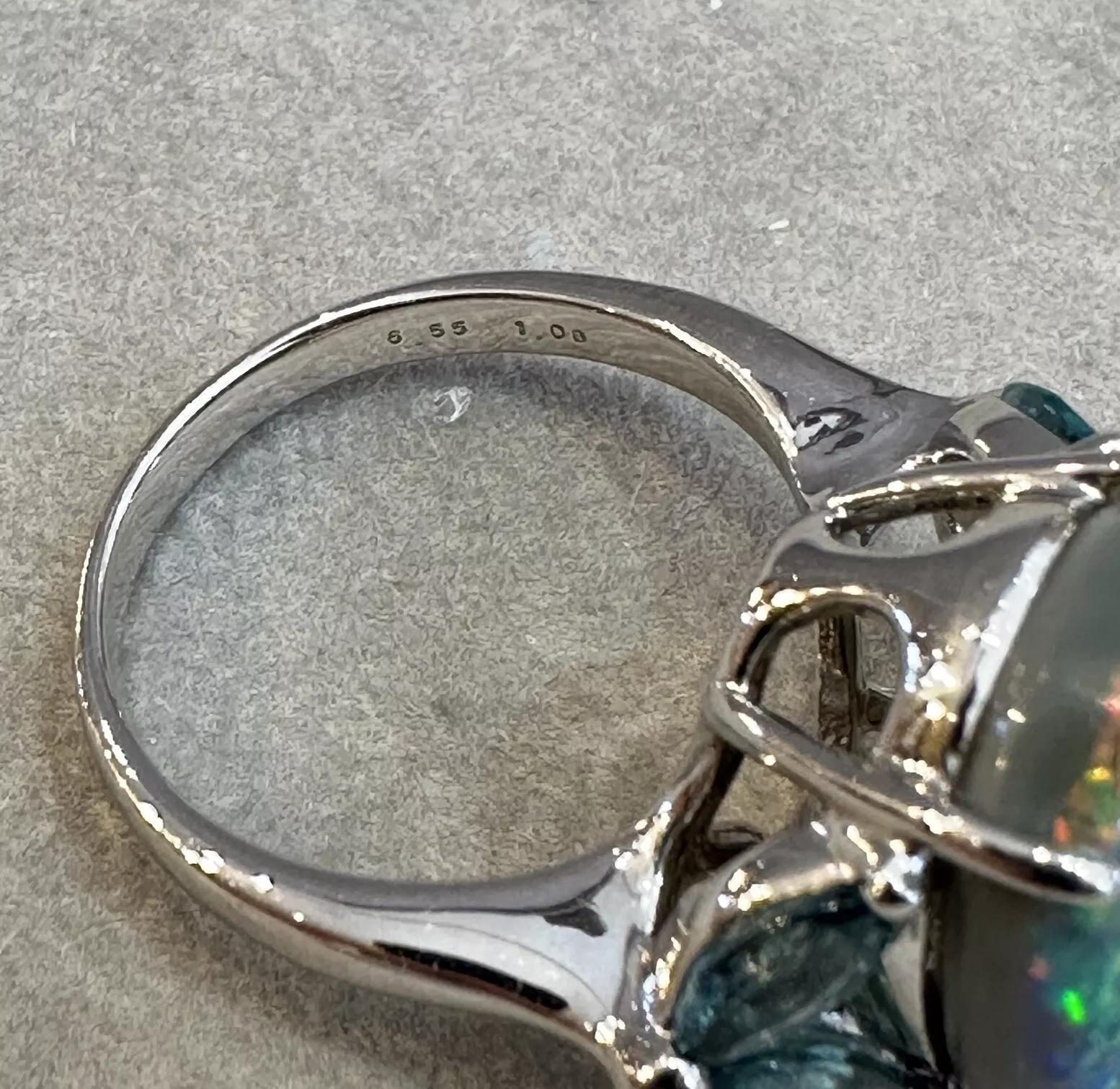 GIA 6.55 carat Black Opal and Aquamarine Ring in Platinum For Sale 3