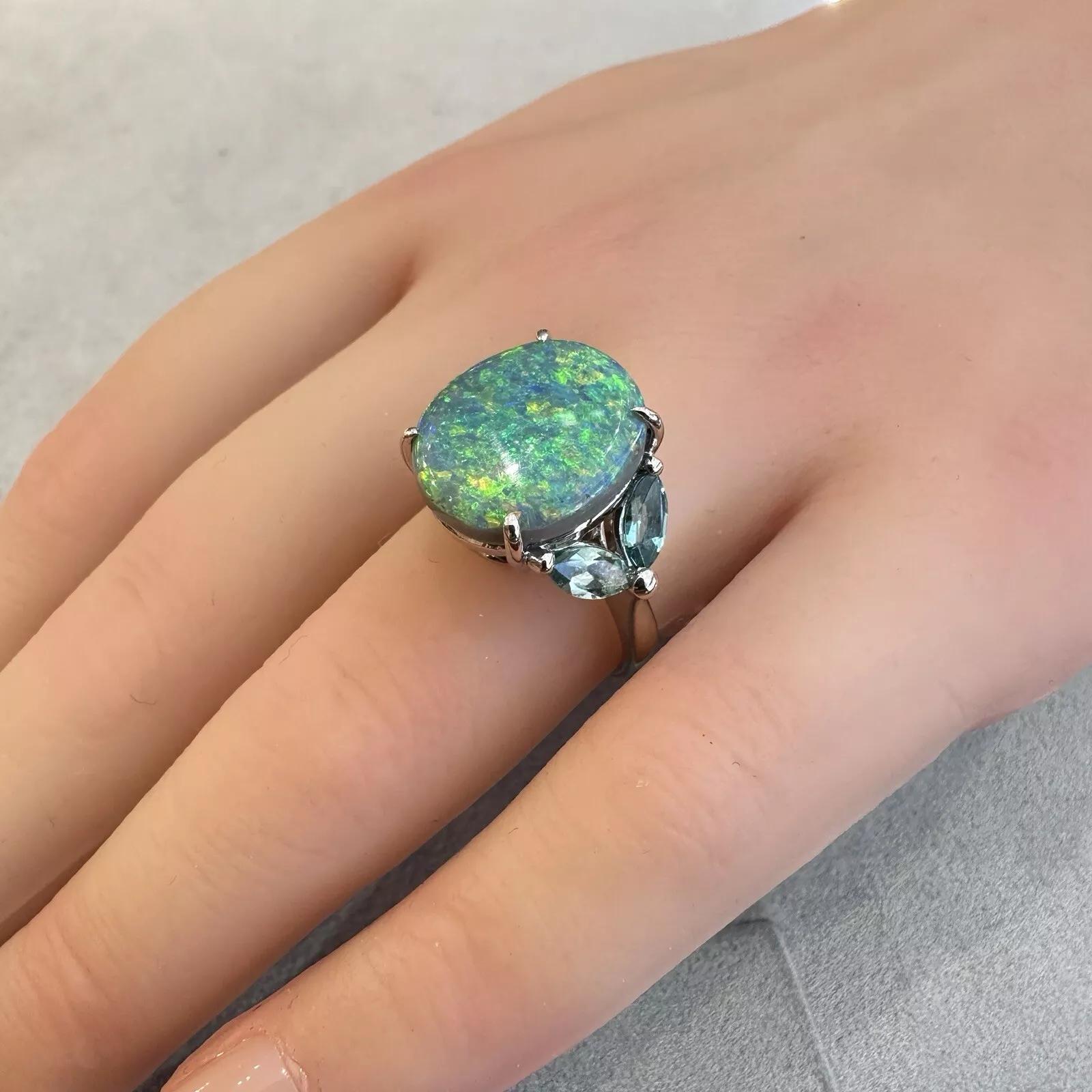 GIA 6.55 carat Black Opal and Aquamarine Ring in Platinum For Sale 4