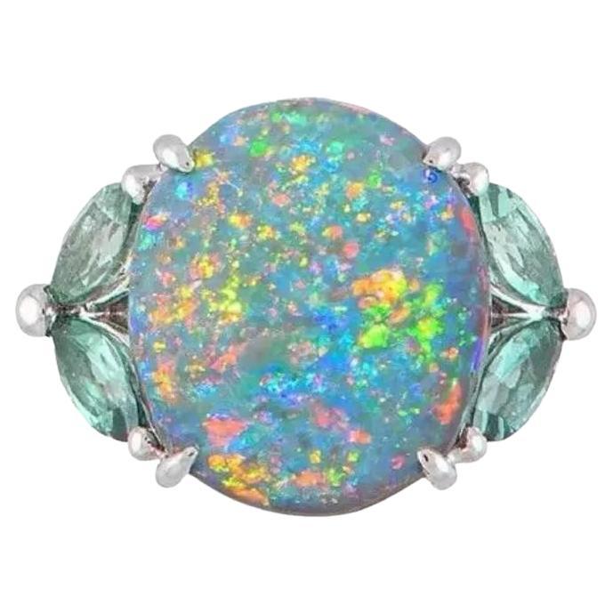 GIA 6.55 carat Black Opal and Aquamarine Ring in Platinum For Sale