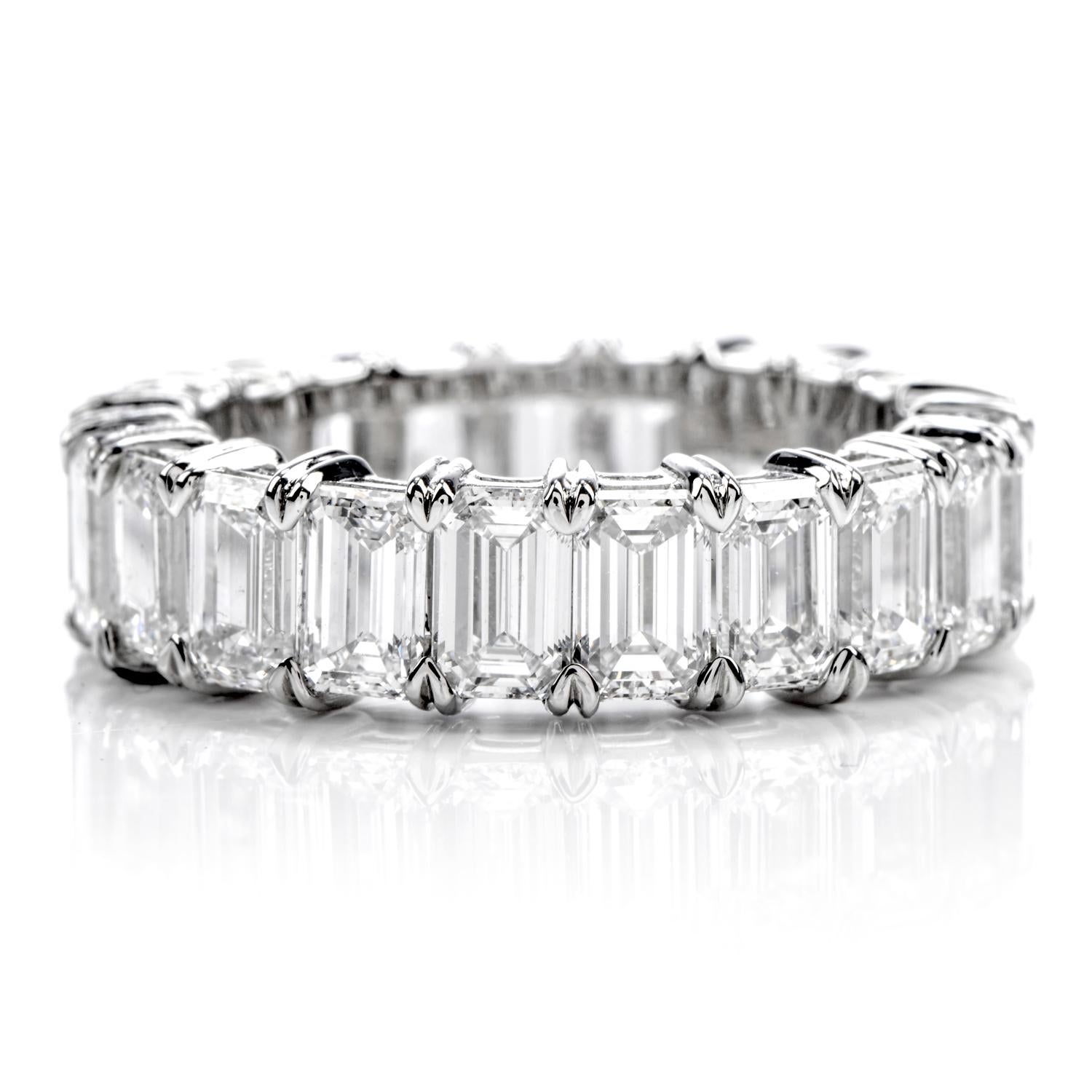 A Refined Elegance is a statement describing this incredible

GIA Certified Emerald Cut Eternity Band Ring.

21 Vibrant, White Emerald Cut Diamonds wrap around this hand made band from end to end. 

ALL of D-E-F color and Flawless, VVS1 to VS1