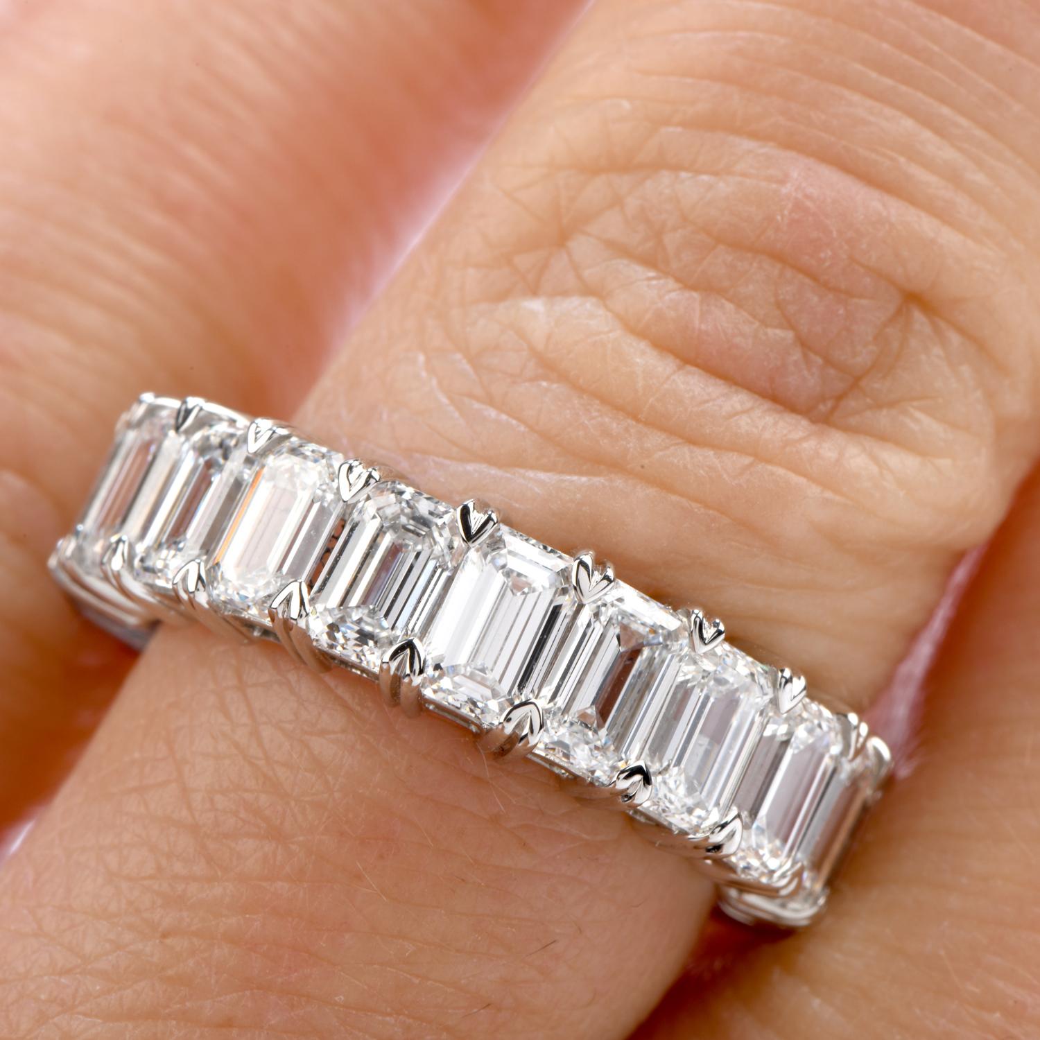 Women's or Men's GIA 6.57 Carat D-VVS1 Emerald Cut Diamond Platinum Eternity Band Ring