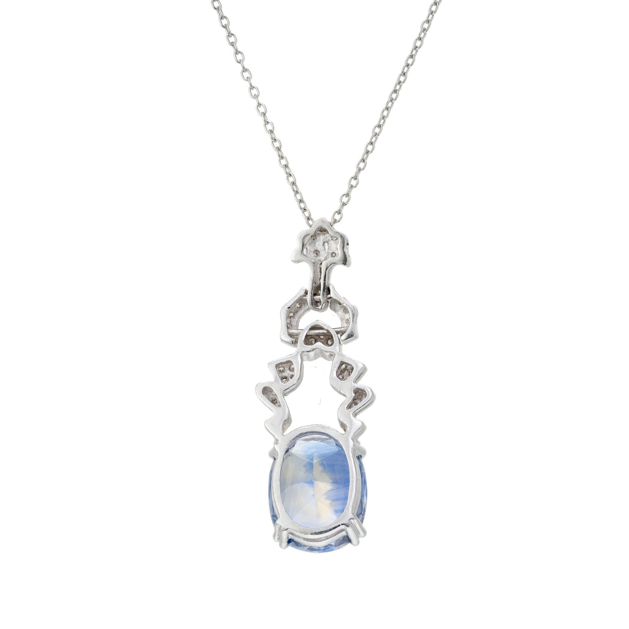Oval Cut GIA 6.65 Carat Oval Sapphire Diamond Art Deco Platinum Pendant Necklace For Sale