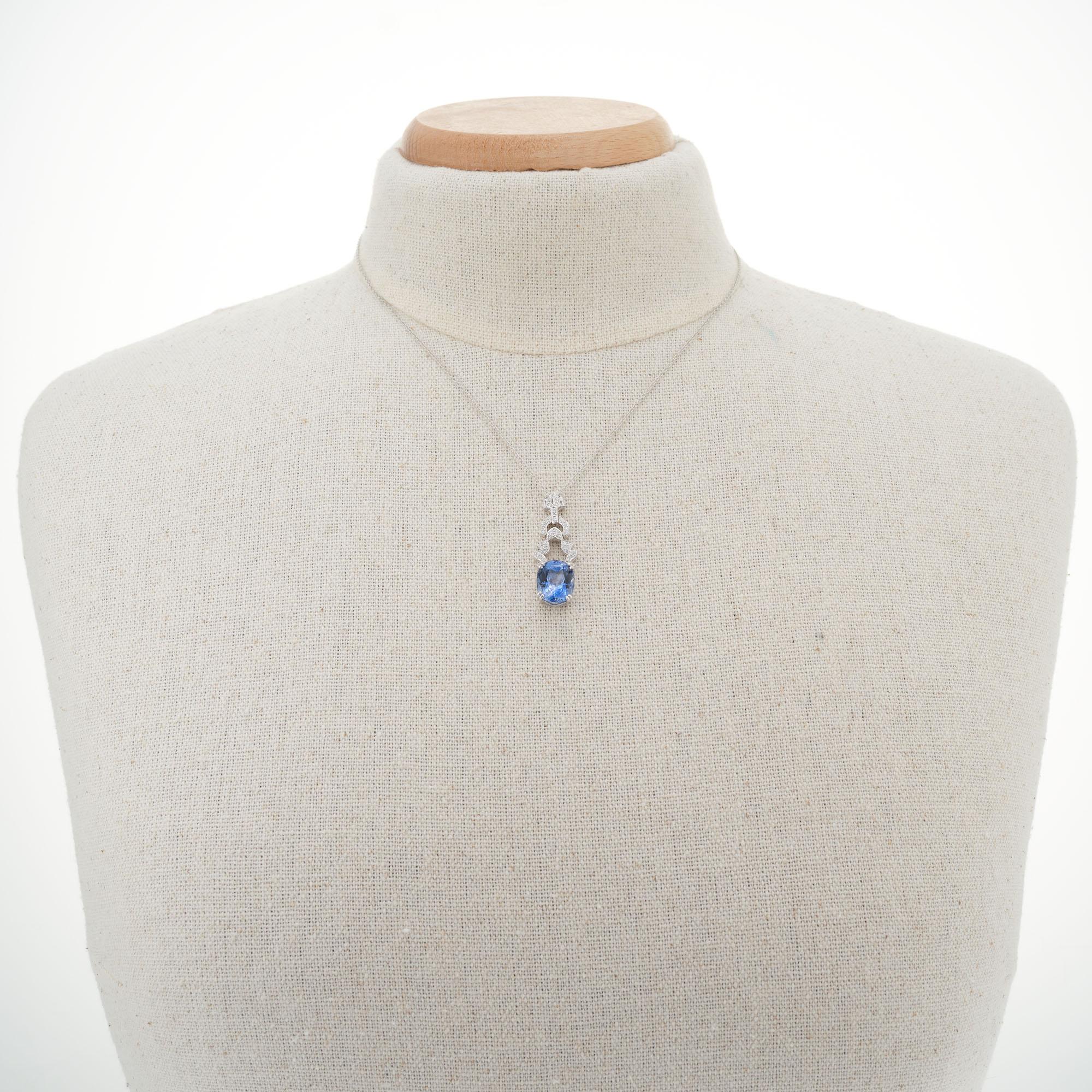 GIA 6.65 Carat Oval Sapphire Diamond Art Deco Platinum Pendant Necklace For Sale 1