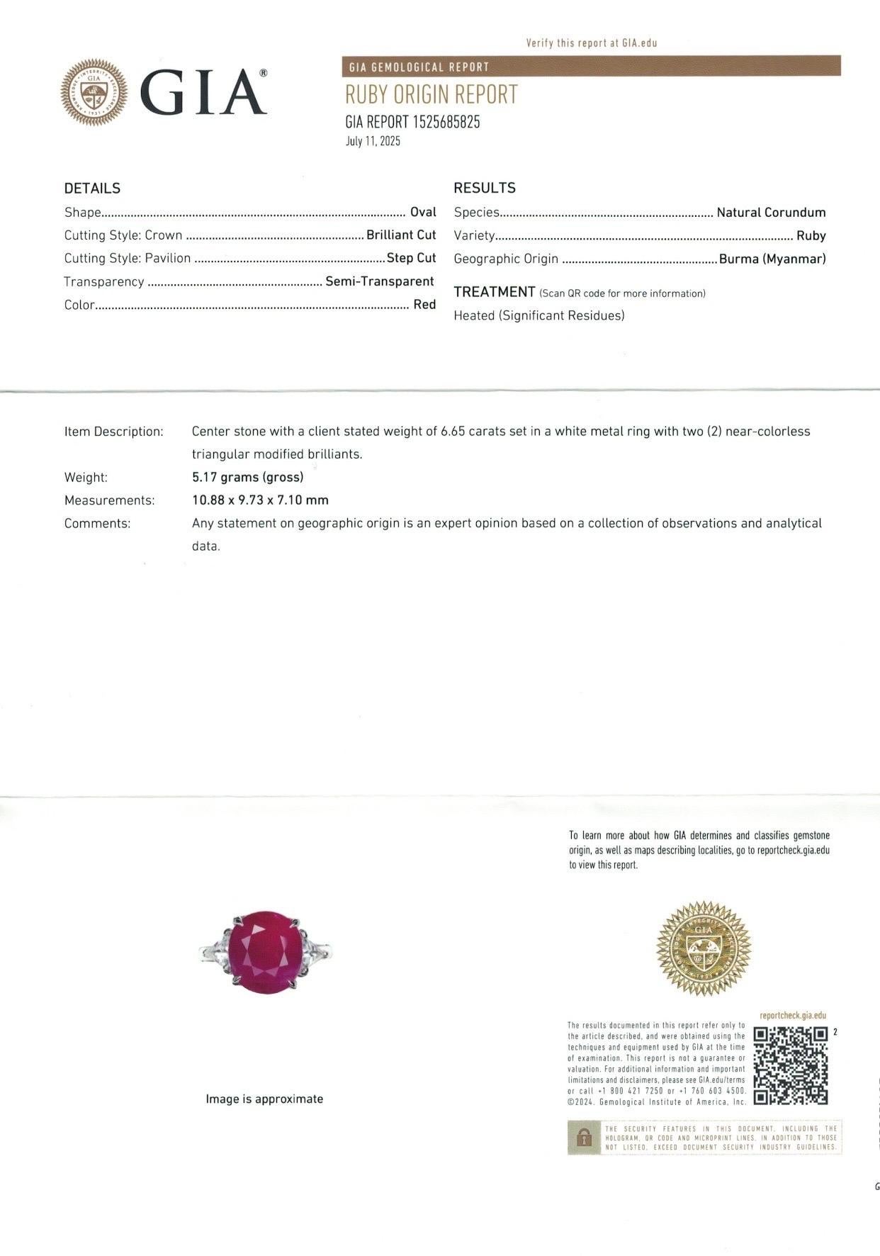 GIA 6.65 Ct Natural Burma Ruby Ring 5.16 Gram  Platinum Gold For Sale 11
