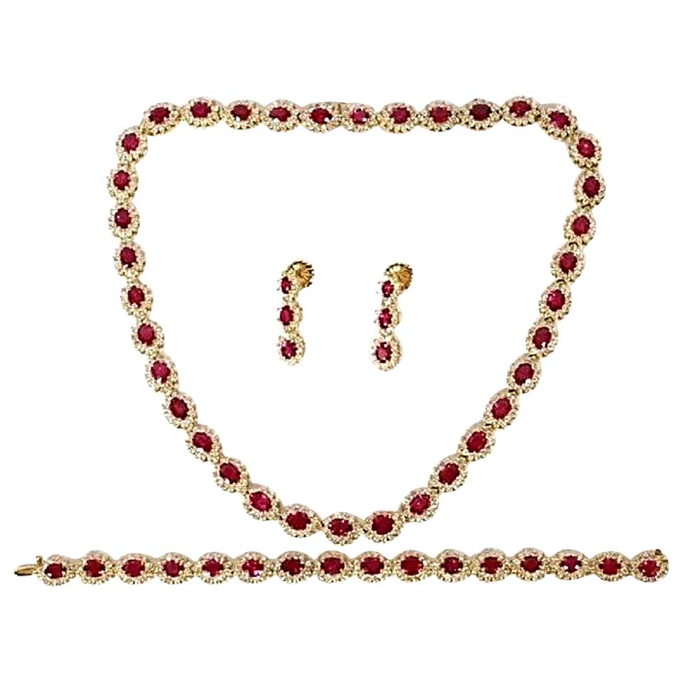 Collier et boucles d'oreilles en diamants avec rubis non chauffé 67,20 carats certifié GIA, non chauffé