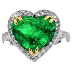 GIA 6.74 Heart Shape Emerald Diamond Platinum 18K Gold Heart Ring