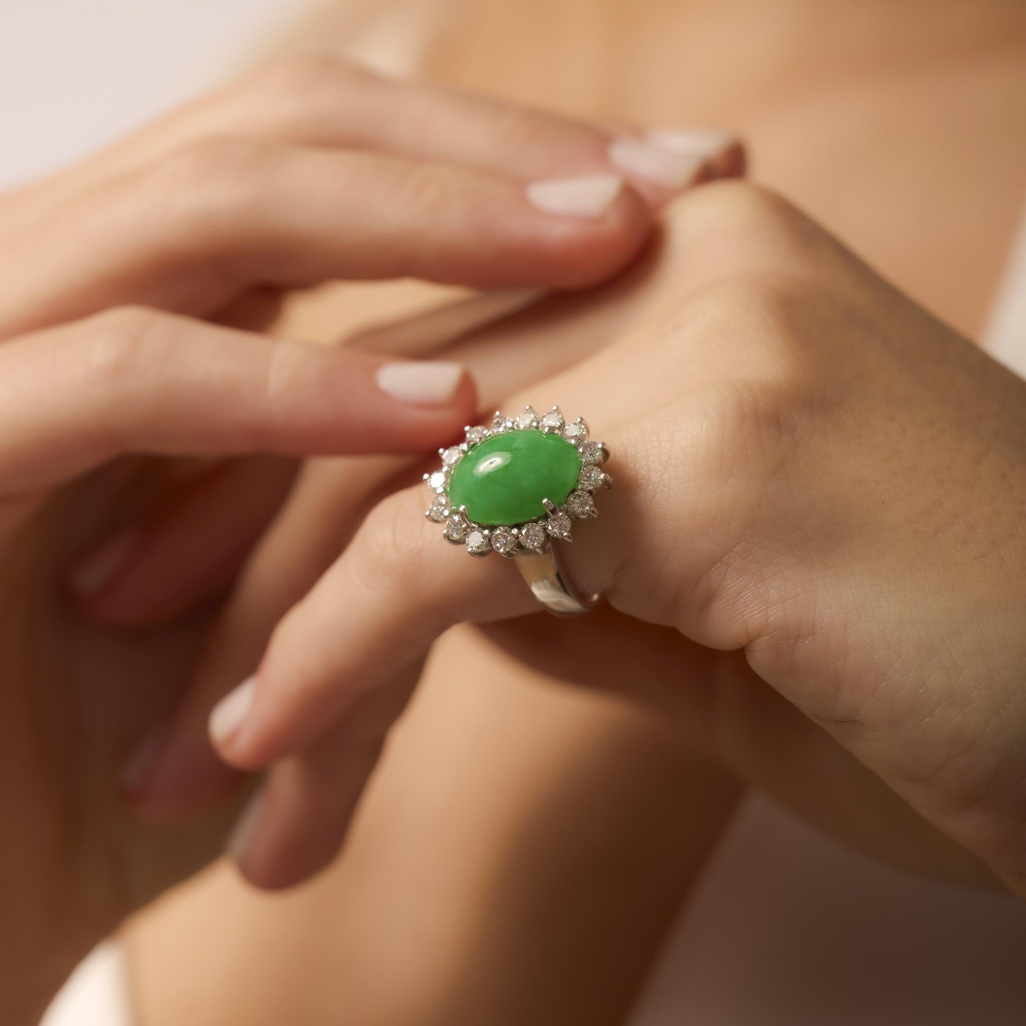 Cabochon GIA 6.75 carat jade diamond 14k white gold cluster ring For Sale