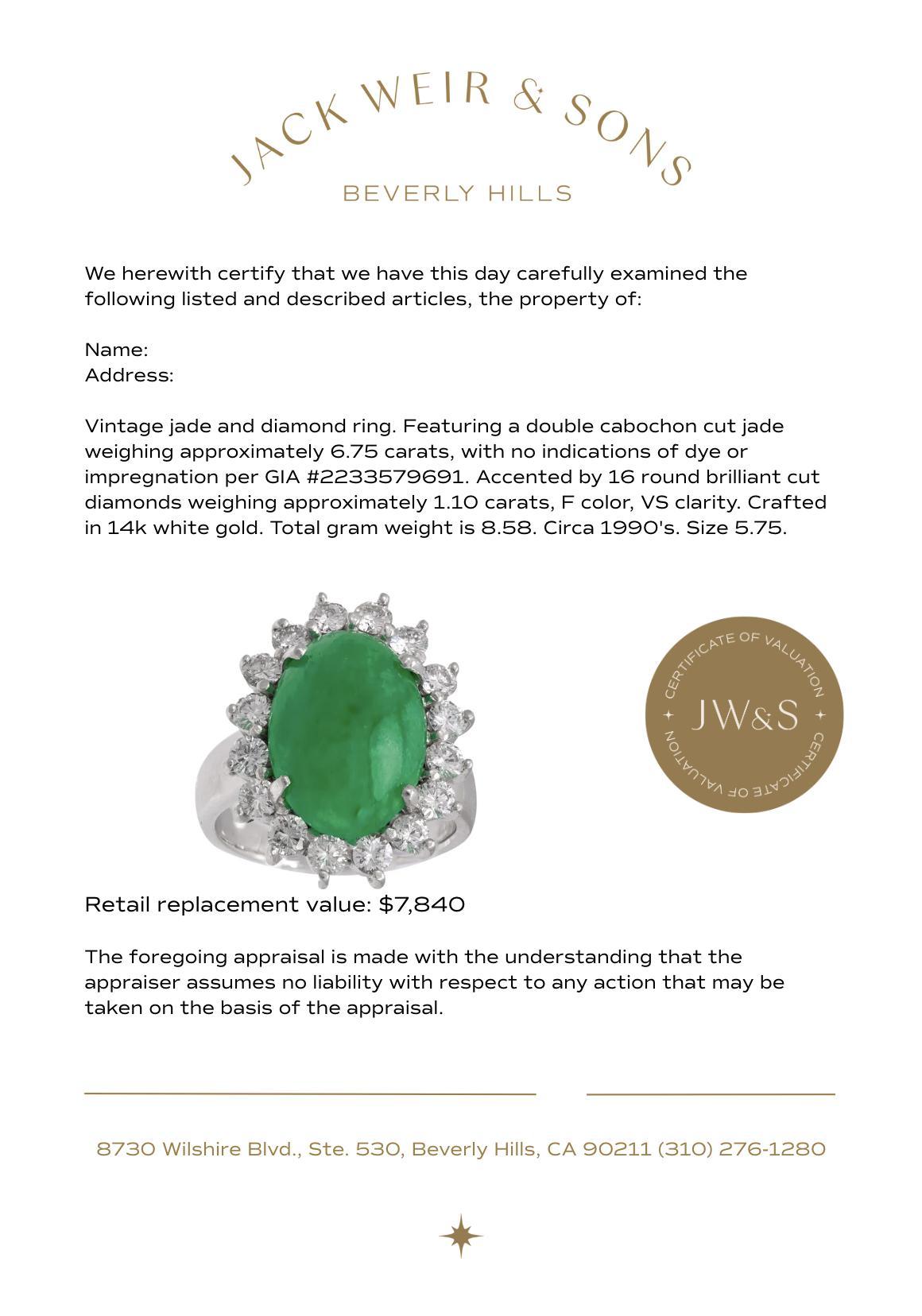 GIA 6.75 carat jade diamond 14k white gold cluster ring For Sale 1