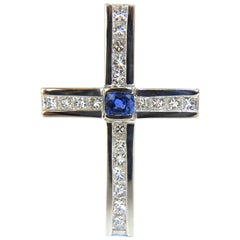 GIA 6.77 Carat No Heat Sapphire Diamonds Heavy Platinum Men's Cross Pendant