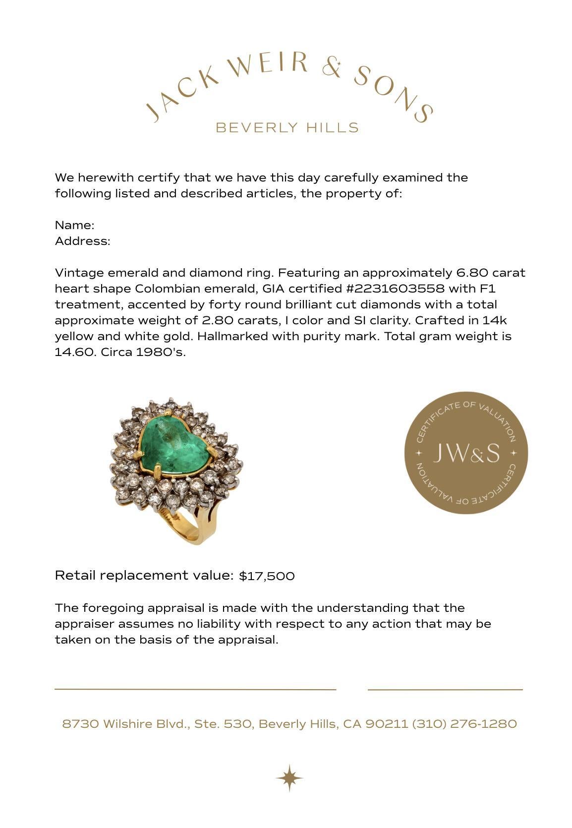 GIA Bague en or jaune 14k avec émeraude colombienne en forme de cœur de 6,80 carats en vente 1