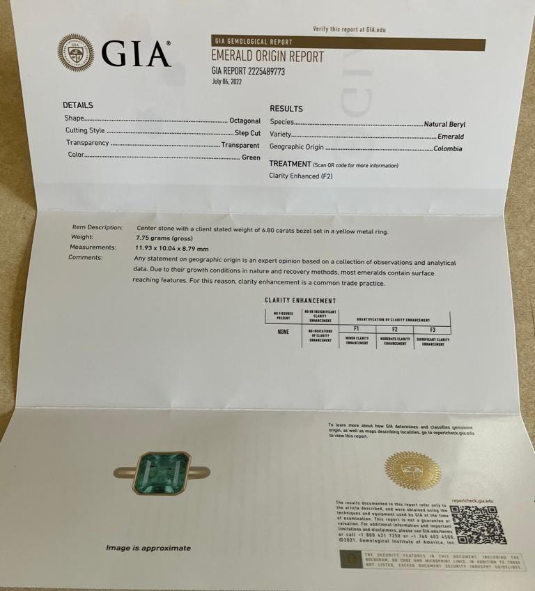 Bague solitaire en or 18 carats avec émeraude naturelle de Colombie de 6,80 carats certifiée GIA en vente 2