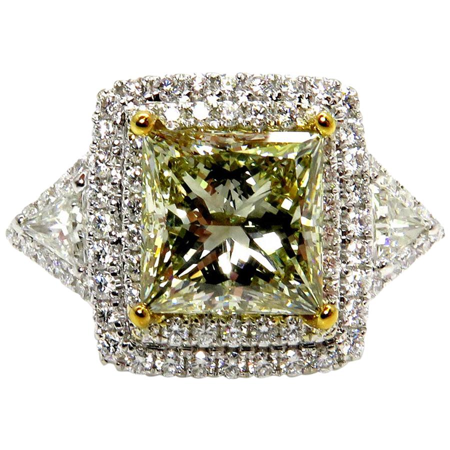 GIA 6.81 Carat Fancy Green Yellow Princess Cut Diamond Engagement Wedding Ring