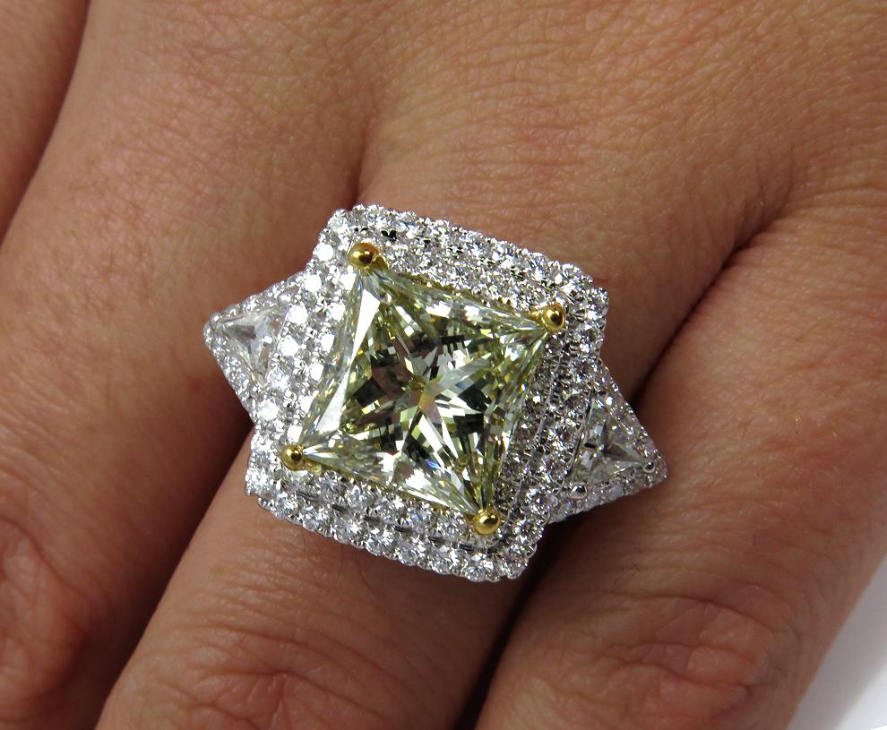 GIA 6.81 Carat Fancy Green Yellow Princess Cut Diamond Engagement Wedding Ring 4
