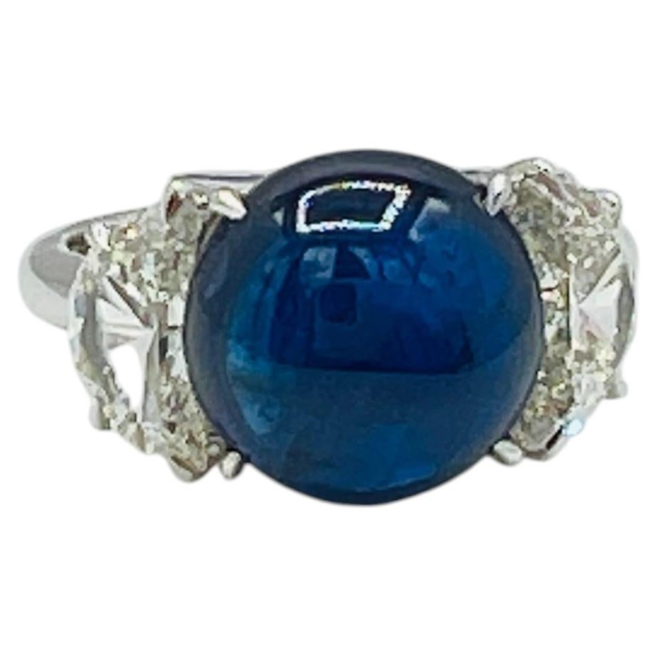 GIA 7 Carat No Heat Burma Blue Sapphire Cabochon & Halfmoon Ring in Platinum