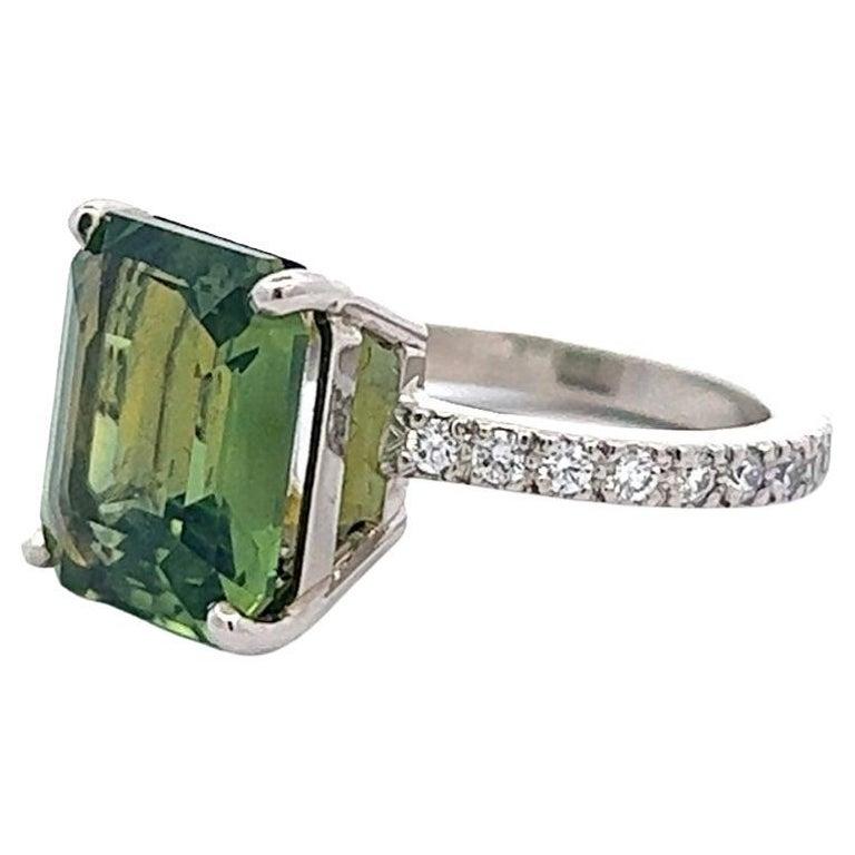 Women's or Men's GIA 7.03 Carats No Heat Yellowish Green Sapphire Diamond Platinum Ring