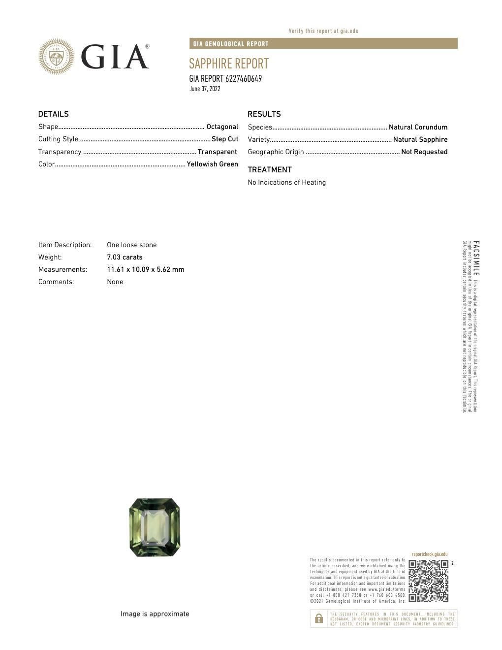 GIA 7.03 Carats No Heat Yellowish Green Sapphire Diamond Platinum Ring 2