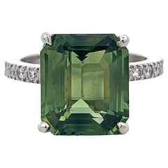 GIA 7.03 Carats No Heat Yellowish Green Sapphire Diamond Platinum Ring
