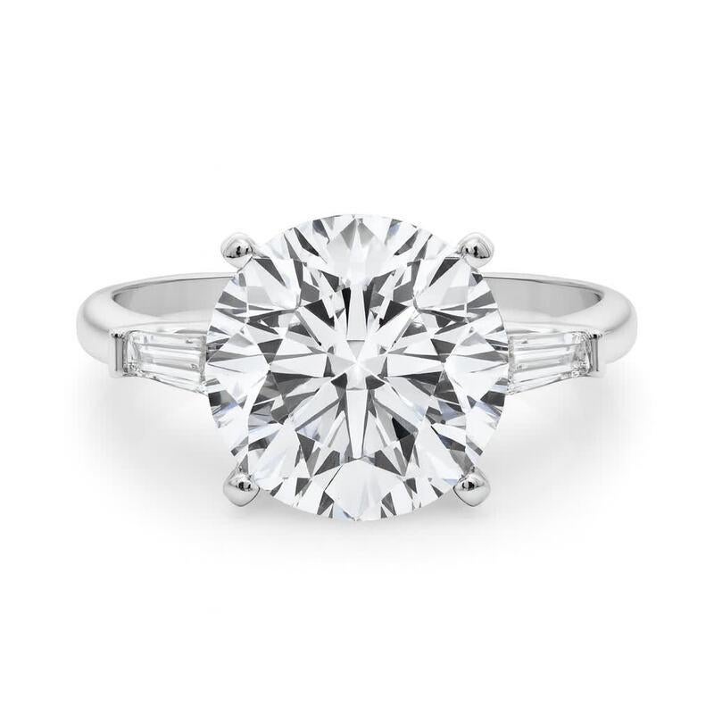 Round Cut GIA 7.05ct Round Three-Stone Tapered Baguette 18K White Gold Diamond Ring For Sale