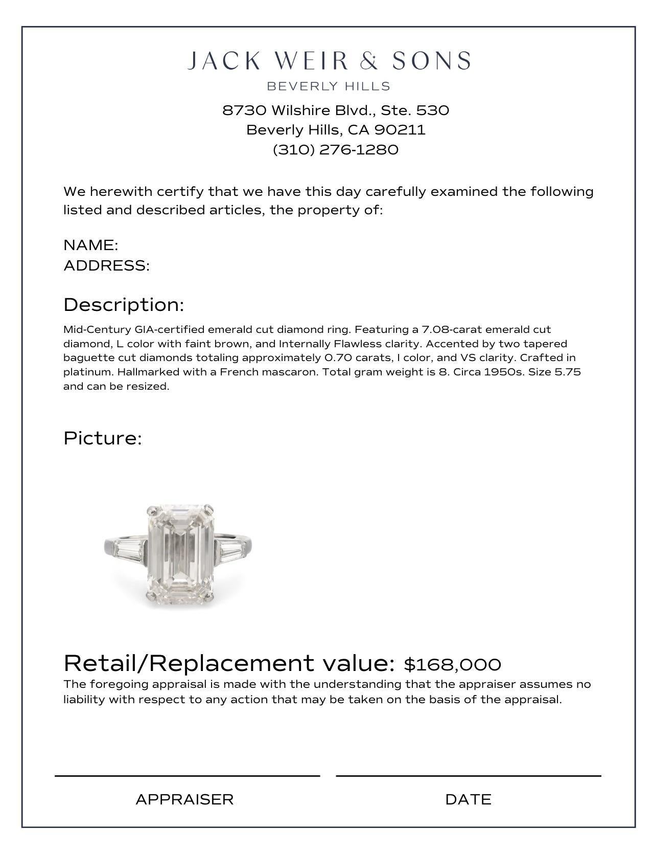 Women's or Men's GIA 7.08 carat flawless emerald cut diamond platinum engagement ring