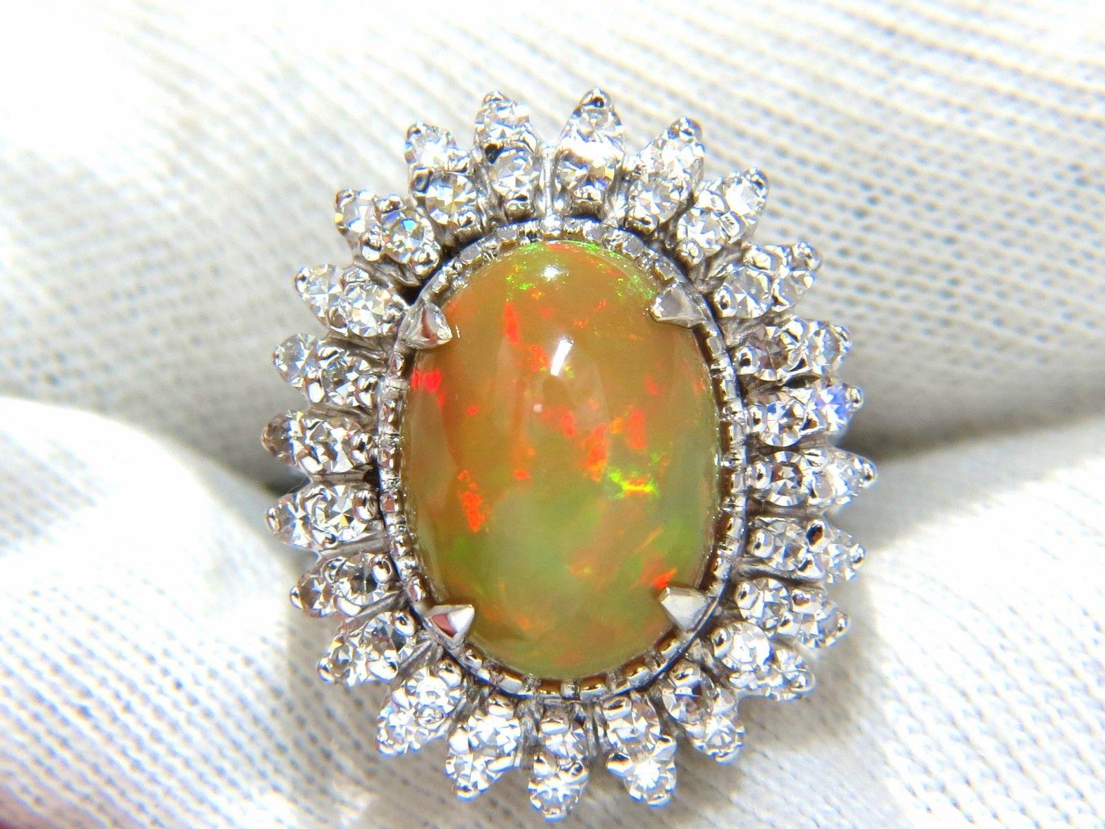Oval Cut GIA 7.17ct natural cabochon opal diamonds sunburst cocktail ring 14kt a+ colors For Sale