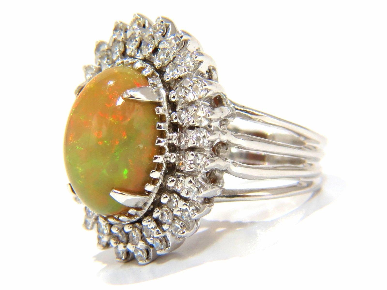 GIA 7.17ct natural cabochon opal diamonds sunburst cocktail ring 14kt a+ colors For Sale 1