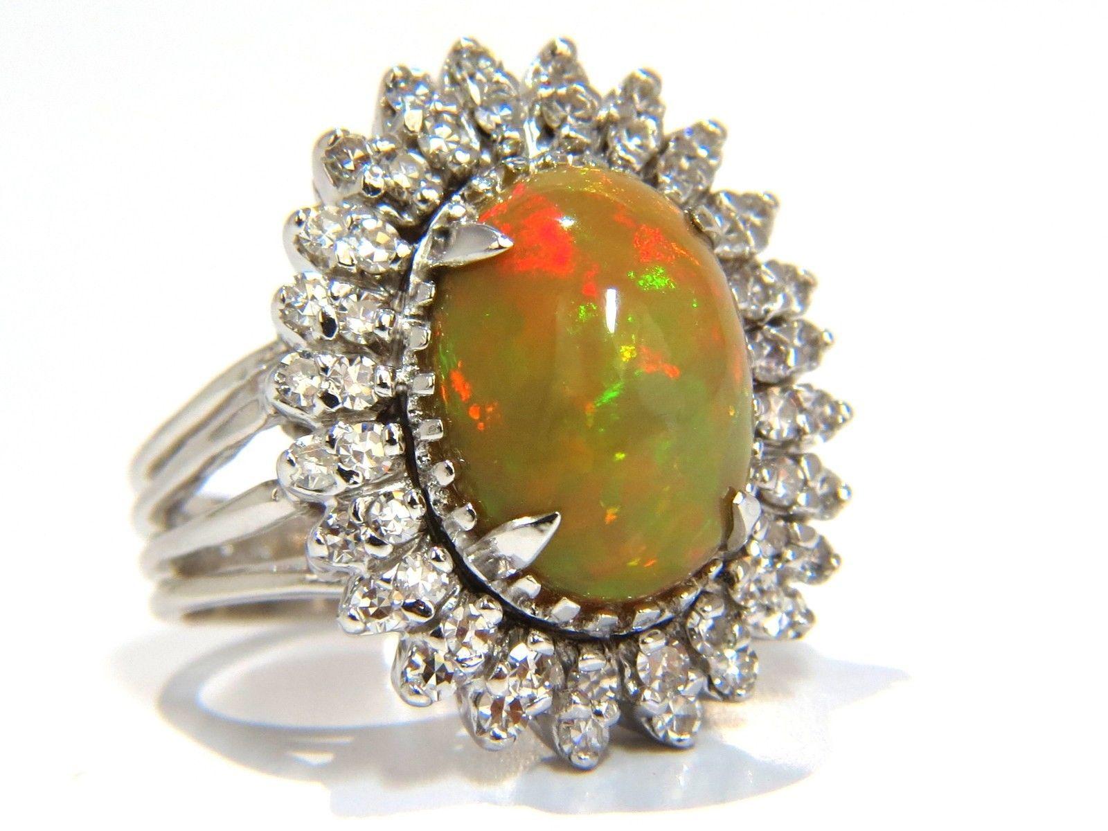 GIA 7.17ct natural cabochon opal diamonds sunburst cocktail ring 14kt a+ colors For Sale 2
