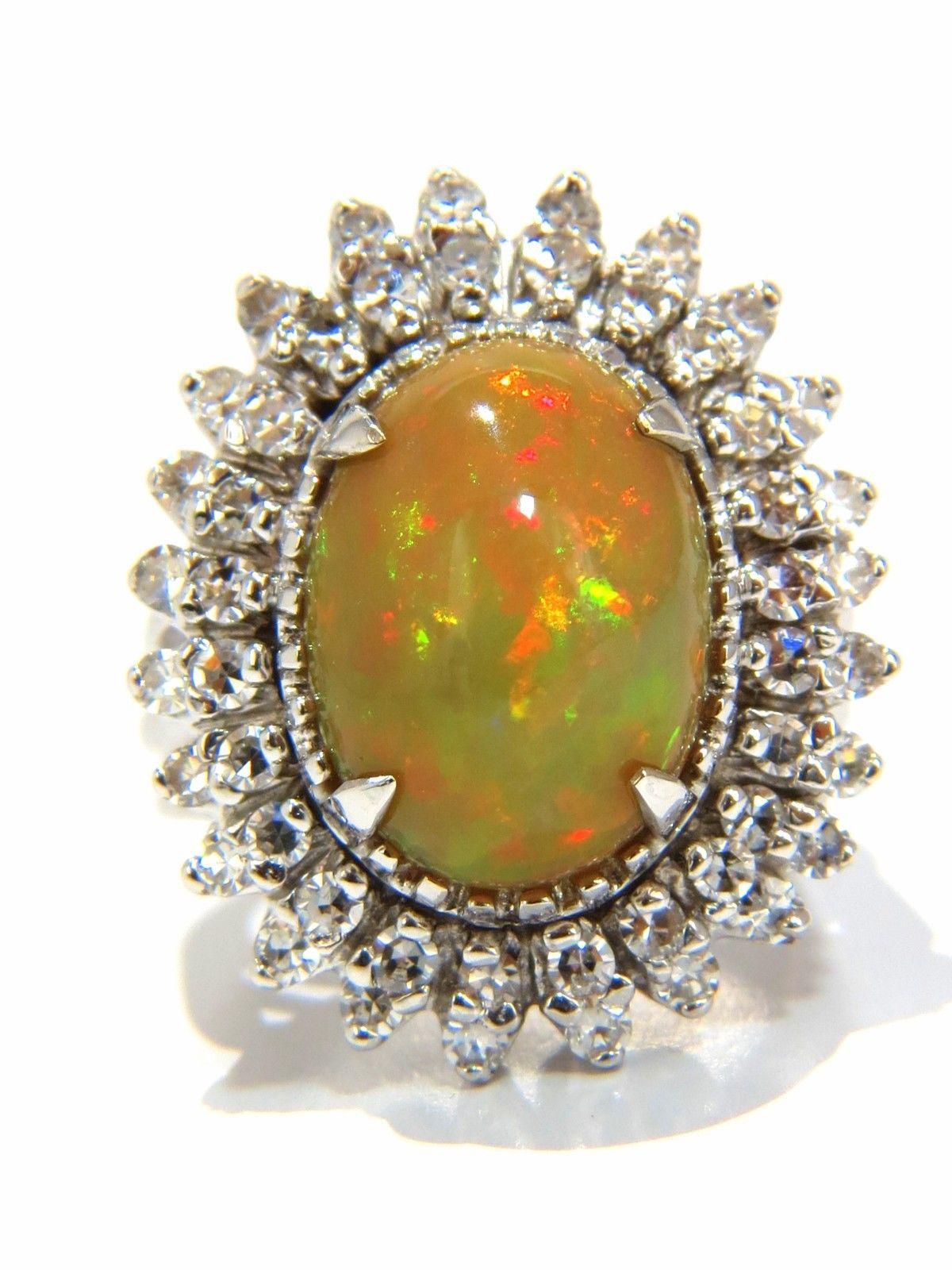 GIA 7.17ct natural cabochon opal diamonds sunburst cocktail ring 14kt a+ colors For Sale 3