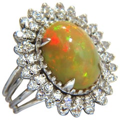 GIA 7.17ct natural cabochon opal diamonds sunburst cocktail ring 14kt a+ colors*