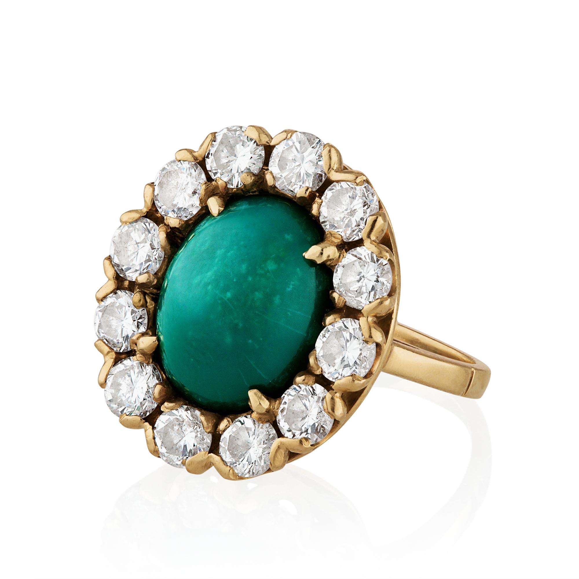 Vintage GIA 7.35ct Green Turquoise Diamond Cluster Engagement Right Hand 14K Gold Ring

A Beautiful Authentic Classic Turquoise and Diamonds Cluster Ring, hand-fabricated in 14K Gold contains GIA Natural Oval Cabochon Turquoise has unusual Green