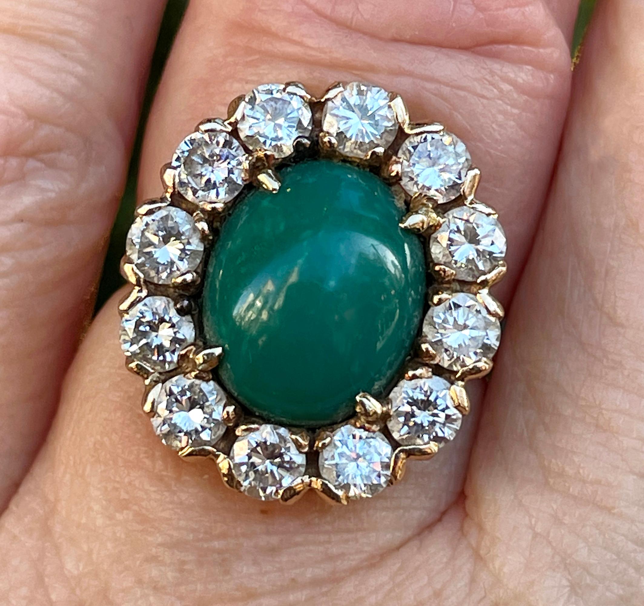 Oval Cut GIA 7.35ct Vintage Natural Green Turquoise Diamond 14K Gold Cluster Ring For Sale