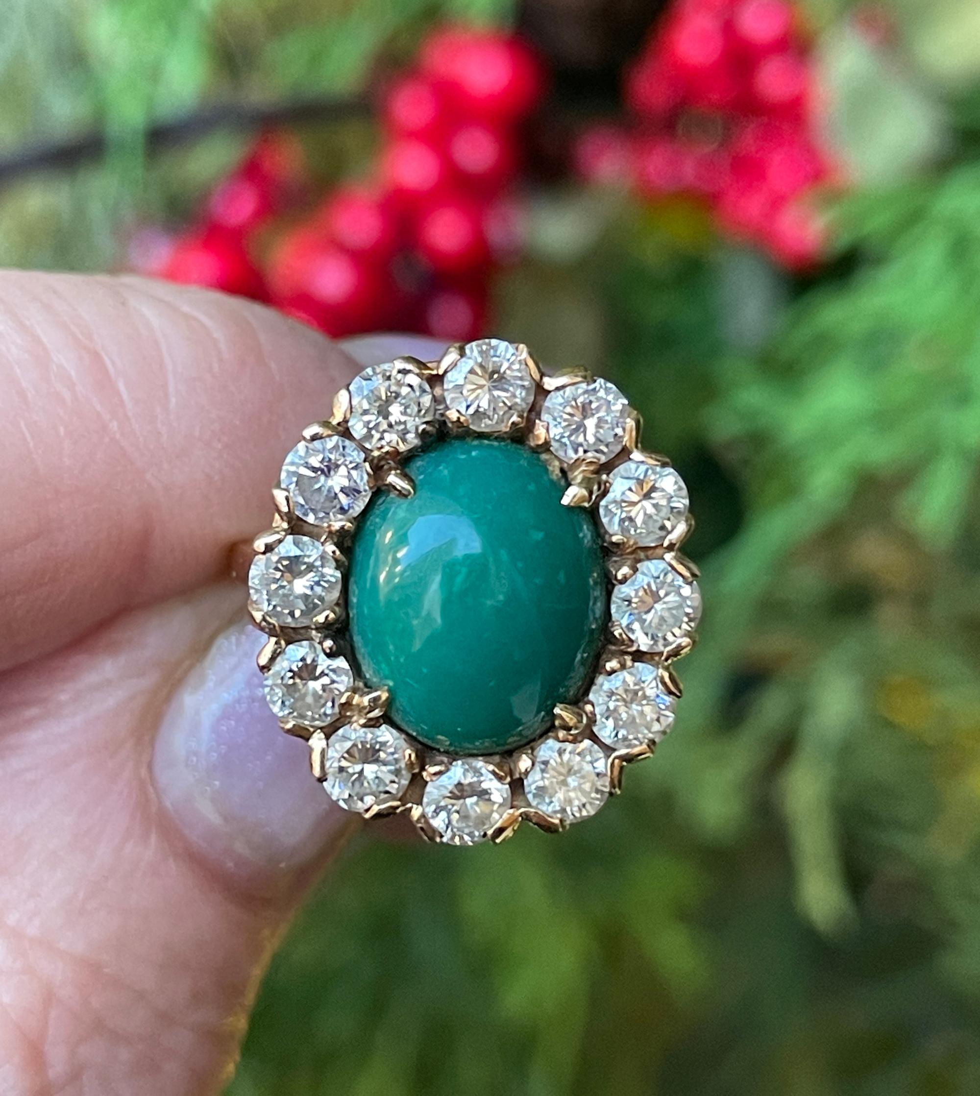 GIA 7.35ct Vintage Natural Green Turquoise Diamond 14K Gold Cluster Ring For Sale 1