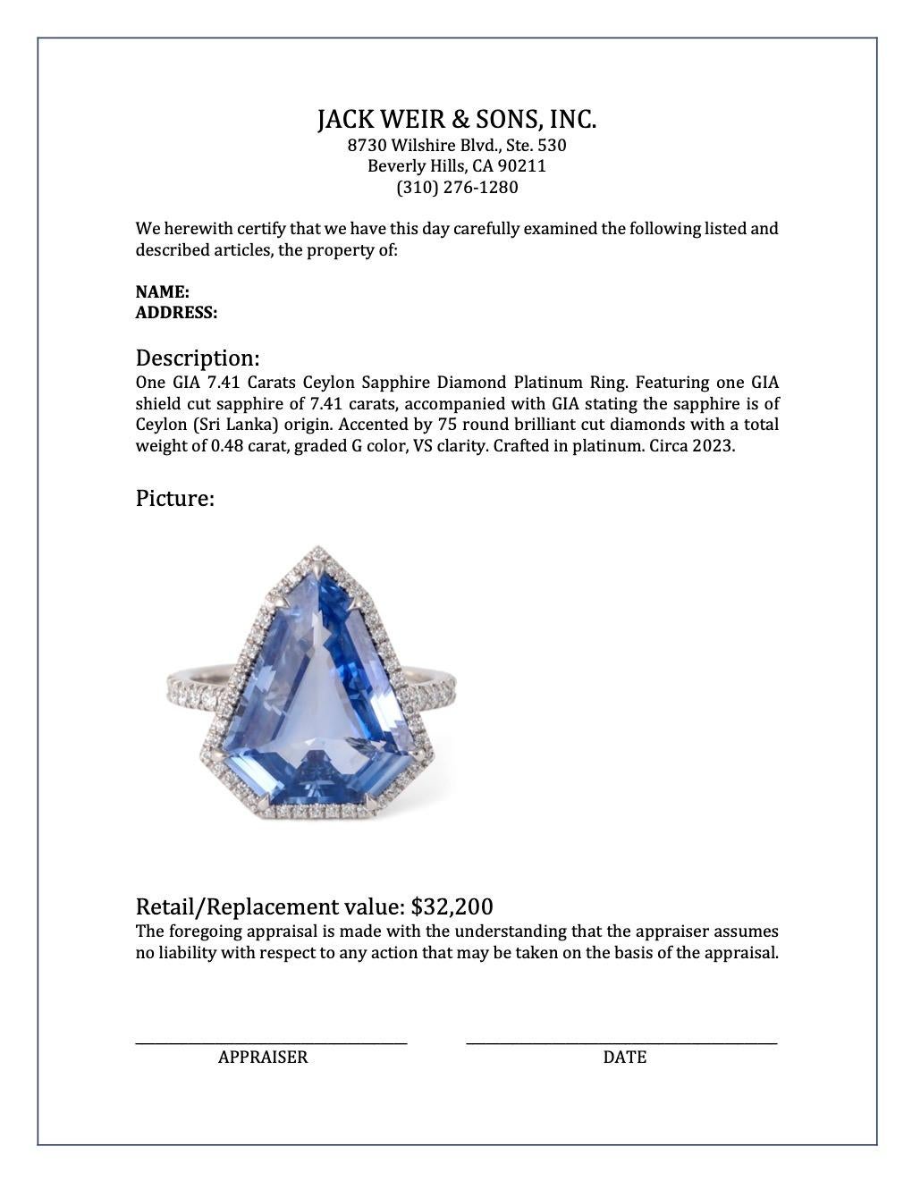 GIA 7.41 Carats Ceylon Sapphire Diamond Platinum Ring 2