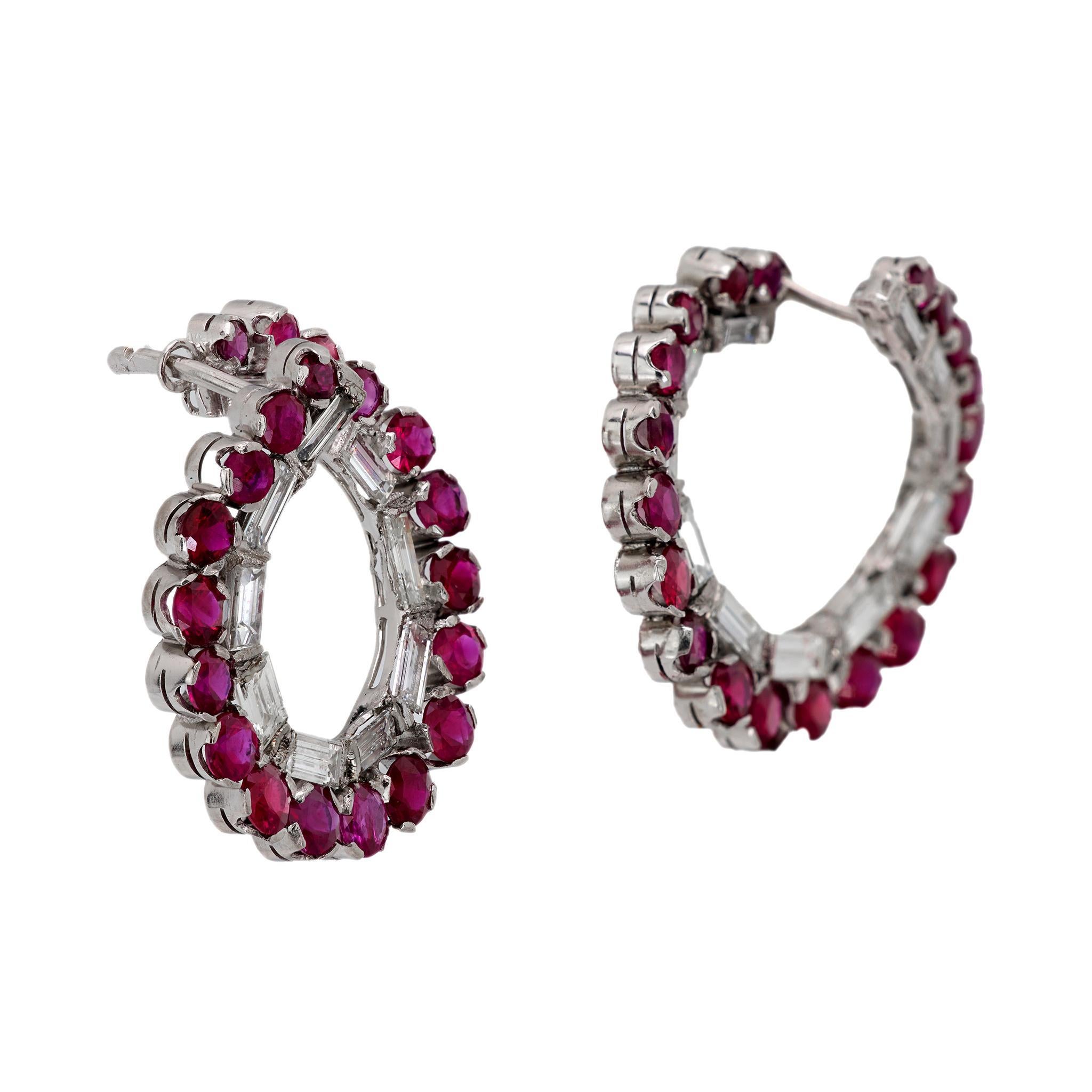 Modern GIA 7.50 carat total weight Burma ruby diamond platinum hoop earrings For Sale