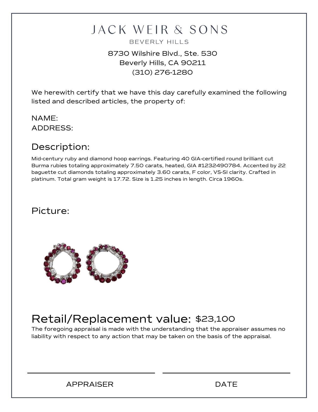 GIA 7.50 carat total weight Burma ruby diamond platinum hoop earrings In Excellent Condition For Sale In Beverly Hills, CA