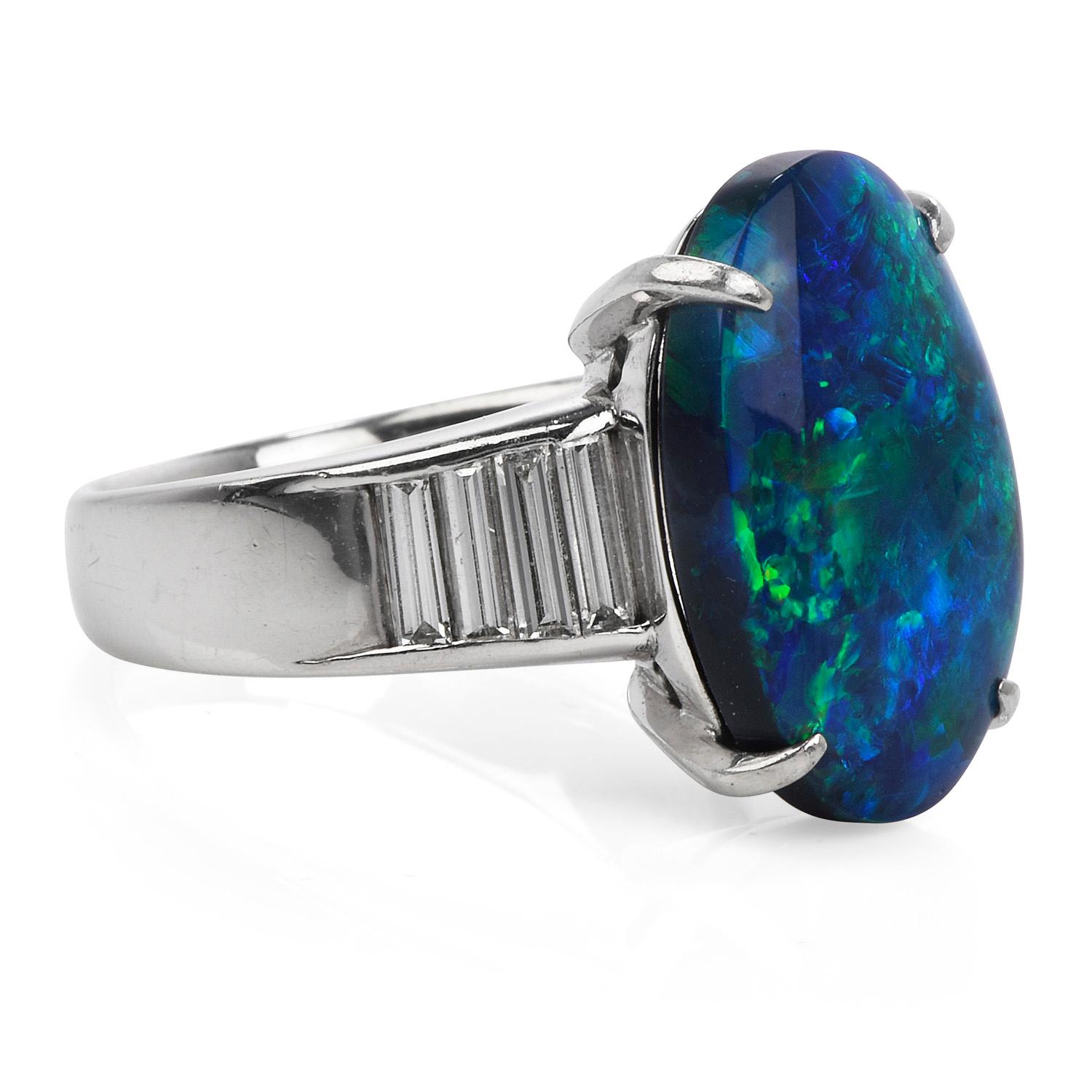 Women's GIA 7.53ct Black Opal Diamond Platinum Oval Cocktail Ring For Sale