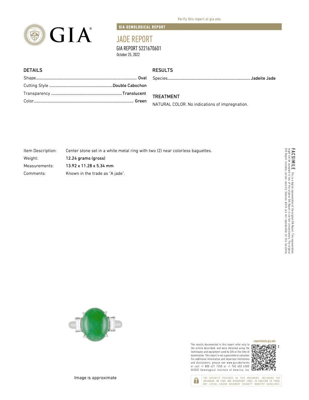 GIA 7.56 Carat Untreated Jade Diamond Platinum Ring 1