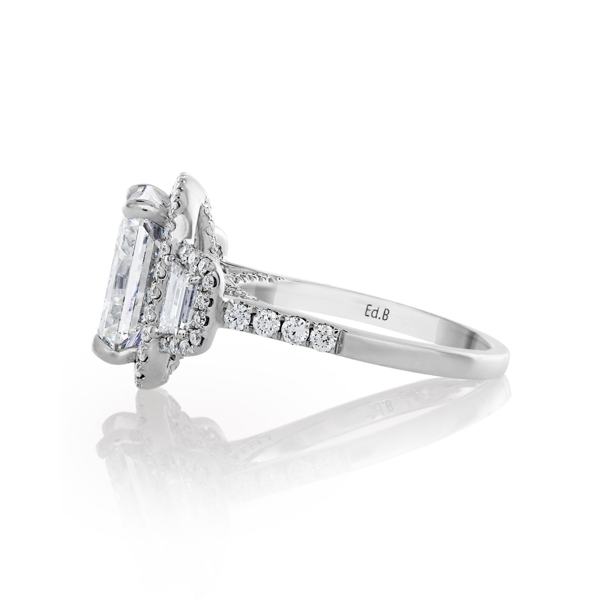 GIA 7.58ctw Estate Radiant Cut & Trapezoids  Diamond Engagement Halo 18kWG Ring In Good Condition In New York, NY