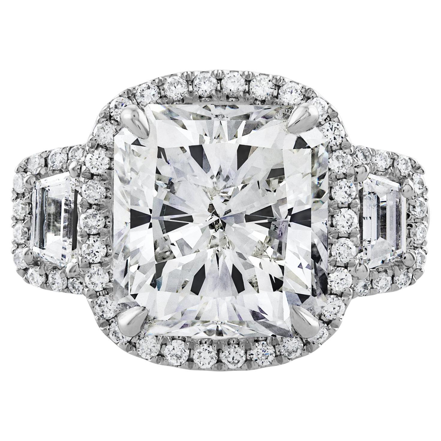 GIA 7.58ctw Estate Radiant Cut & Trapezoids  Diamond Engagement Halo 18kWG Ring