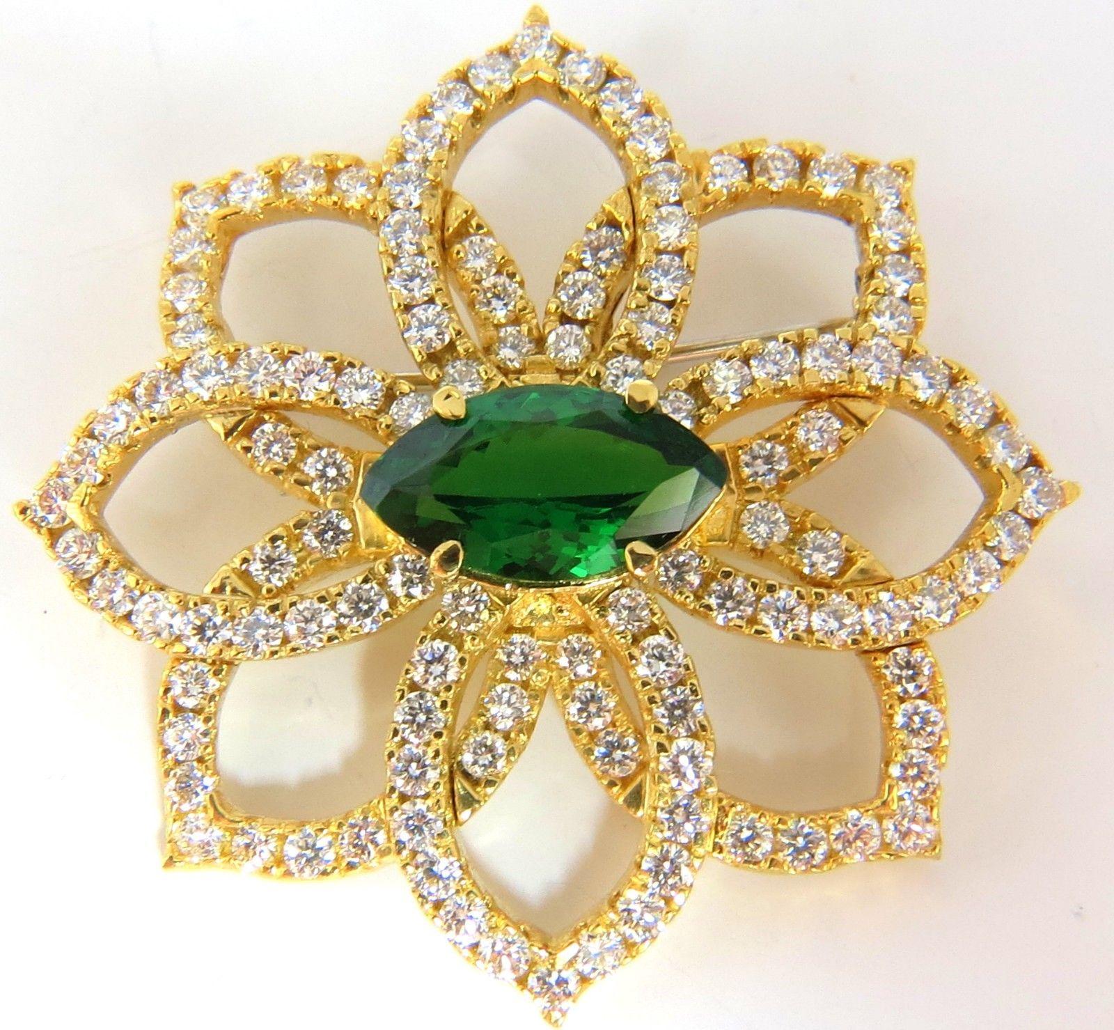 Tsavorite & Petals.

Handmade 3D raised Brooch

GIA Certified:

4.83ct. Natural Green Tsavorite

Marquise Brilliant cut

Clean clarity & Transparent.



2.80ct. diamonds 

Rounds & Full cut brilliants in pave / bead set form.

 G color Vs-2