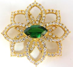 GIA 7.63 Carat Natural Vivid Green Marquise Tsavorite Diamonds Brooch Pin