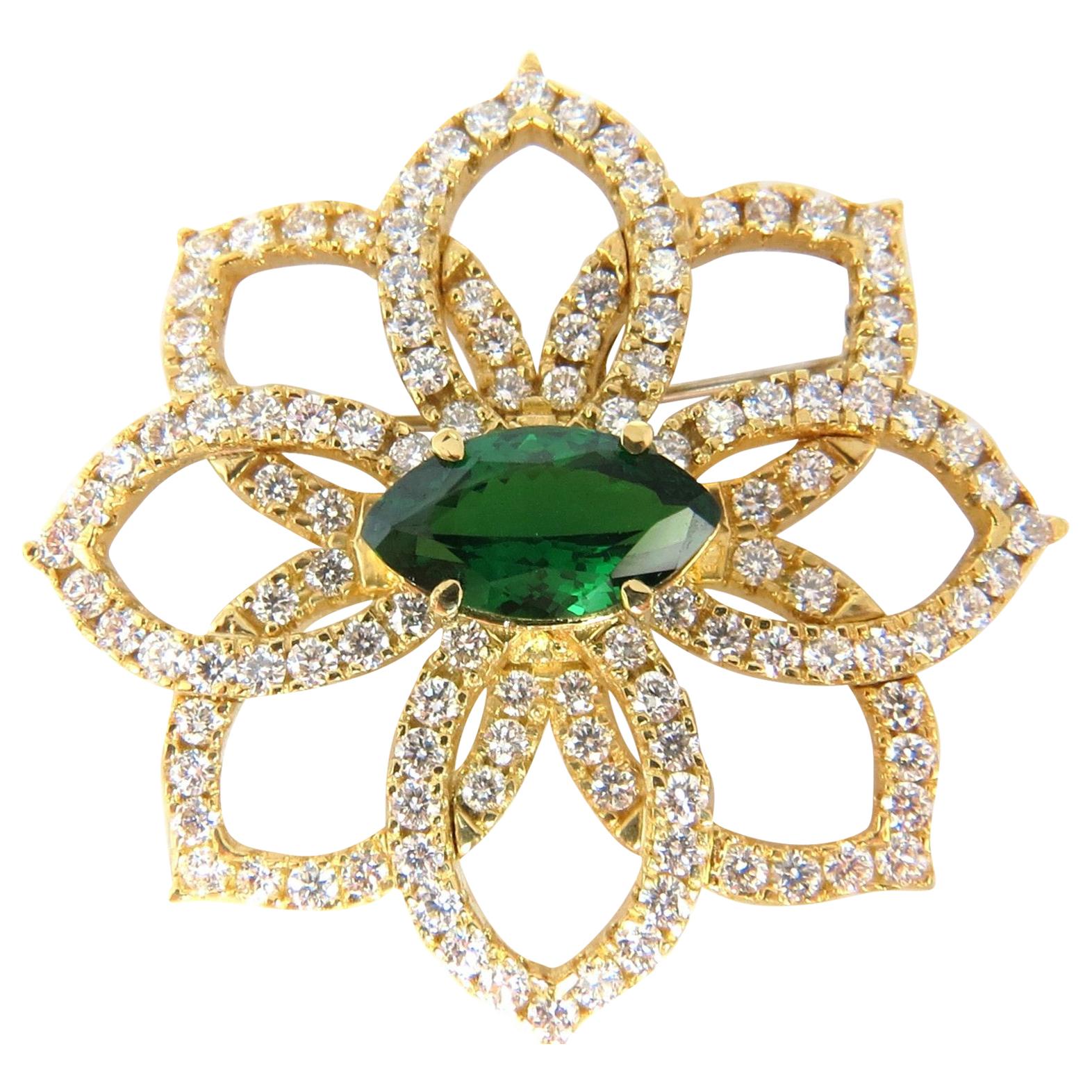 GIA 7.63 Carat Natural Vivid Green Marquise Tsavorite Diamonds Brooch Pin