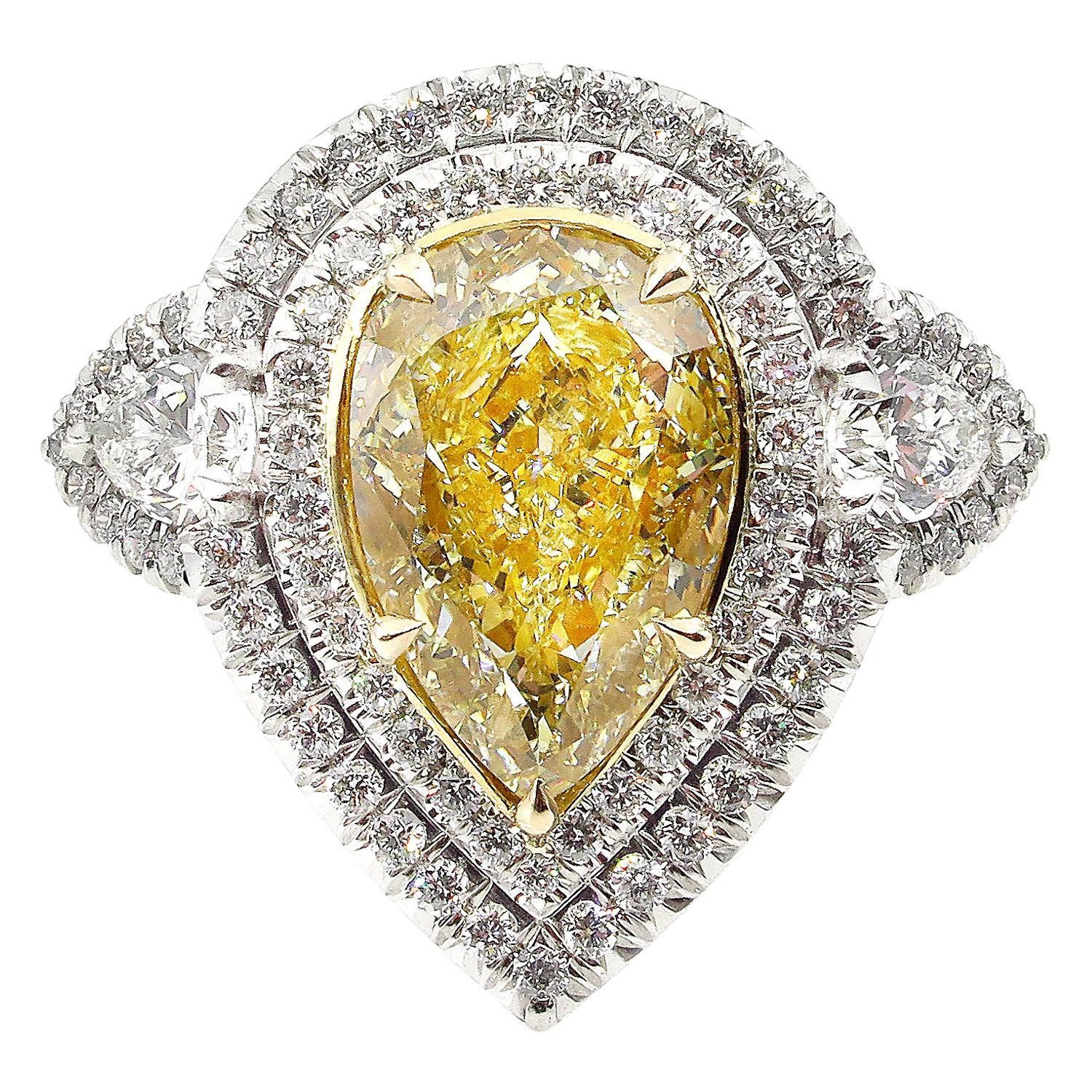 GIA 7.66 Carat Estate Fancy Yellow Pear Diamond Engagement Ring Plat Yellow Gold