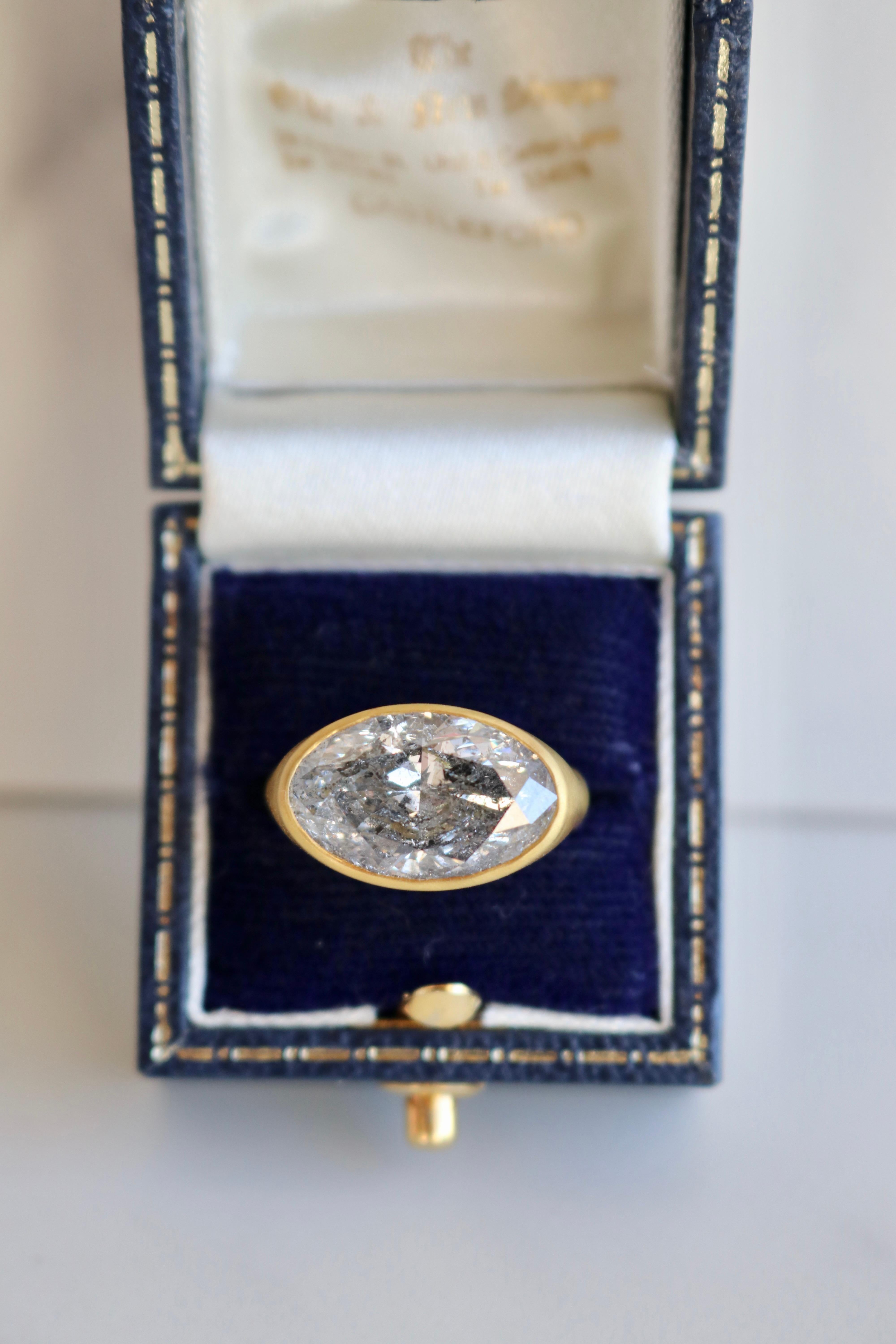 Oval Cut GIA 7.66 Carat Salt & Pepper Diamond 18k Yellow Gold Bezel Set Ring