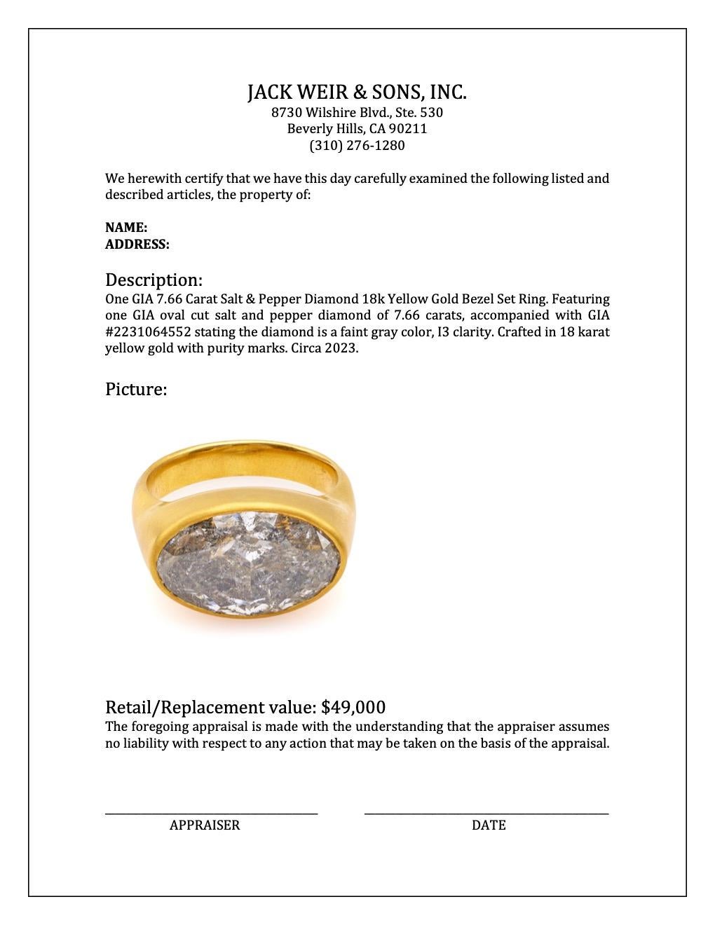 Women's or Men's GIA 7.66 Carat Salt & Pepper Diamond 18k Yellow Gold Bezel Set Ring
